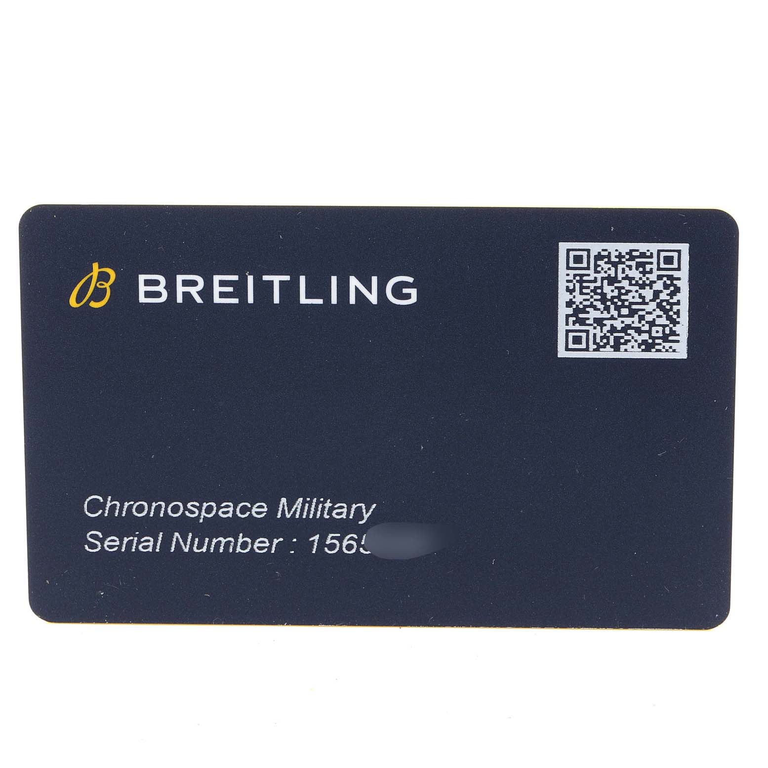 The image shows a card for the Breitling Professional Series M78366 Men's Stainless Steel Black Dial M78366 Men's Stainless Steel Black Dial Chronospace Military watch, including a serial number and a QR code.