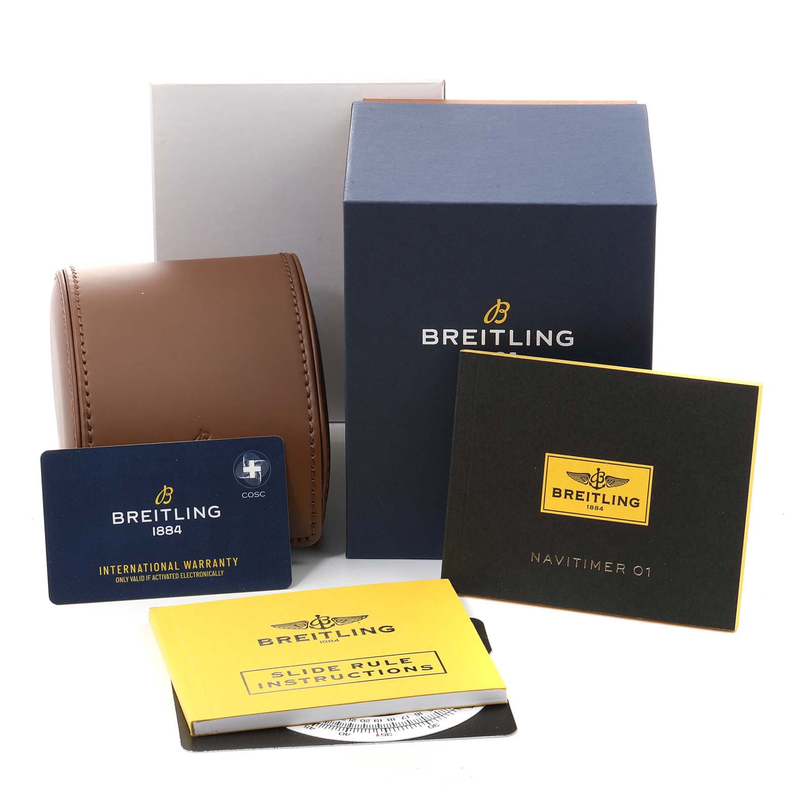 This image shows the packaging, warranty card, instruction manuals, and leather case for a Breitling Navitimer AB0127211C1A1 Men
s Stainless Steel Black Dial AB0127211C1A1 Men
s Stainless Steel Black Dial watch.