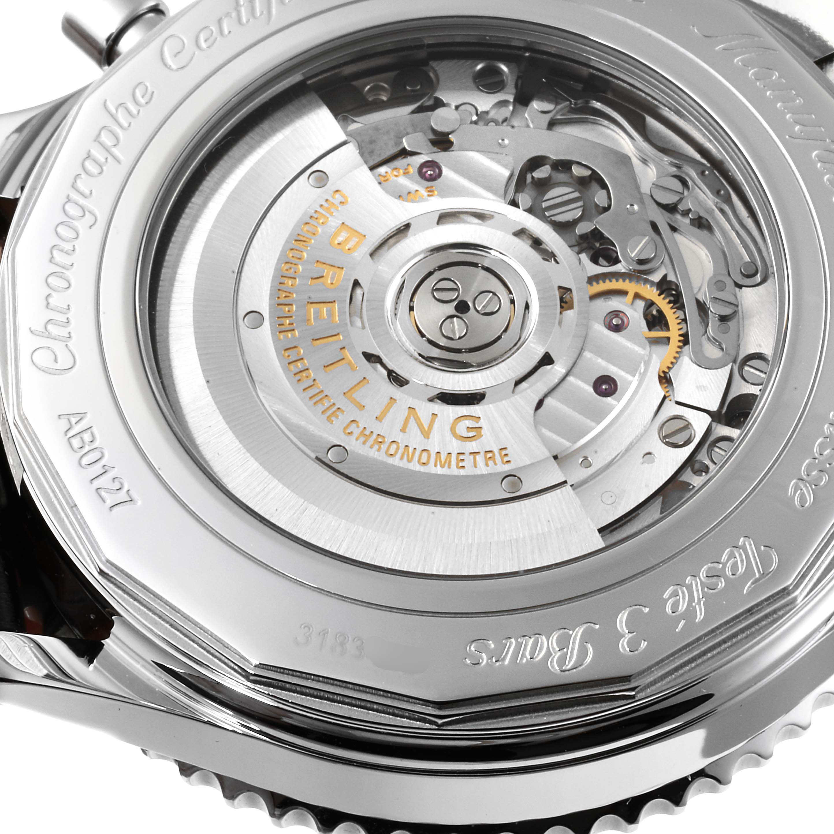 The image shows a close-up view of the Breitling Navitimer AB0127211C1A1 Men
s Stainless Steel Black Dial AB0127211C1A1 Men
s Stainless Steel Black Dial
s back, revealing the inner mechanical movement and rotor.