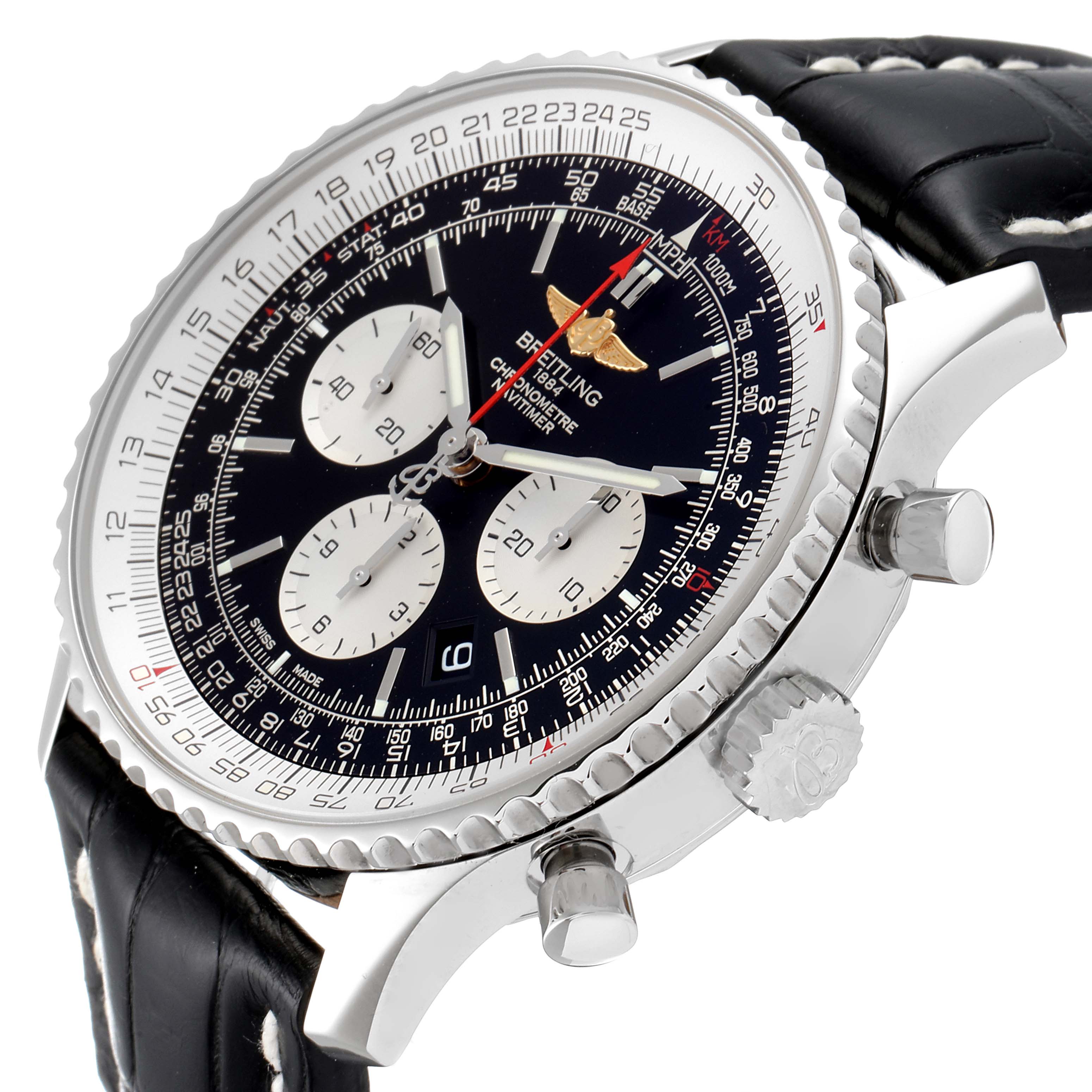 The image shows a Breitling Navitimer AB0127211C1A1 Men
s Stainless Steel Black Dial AB0127211C1A1 Men
s Stainless Steel Black Dial watch at an angled side view, highlighting the face, buttons, crown, and part of the strap.