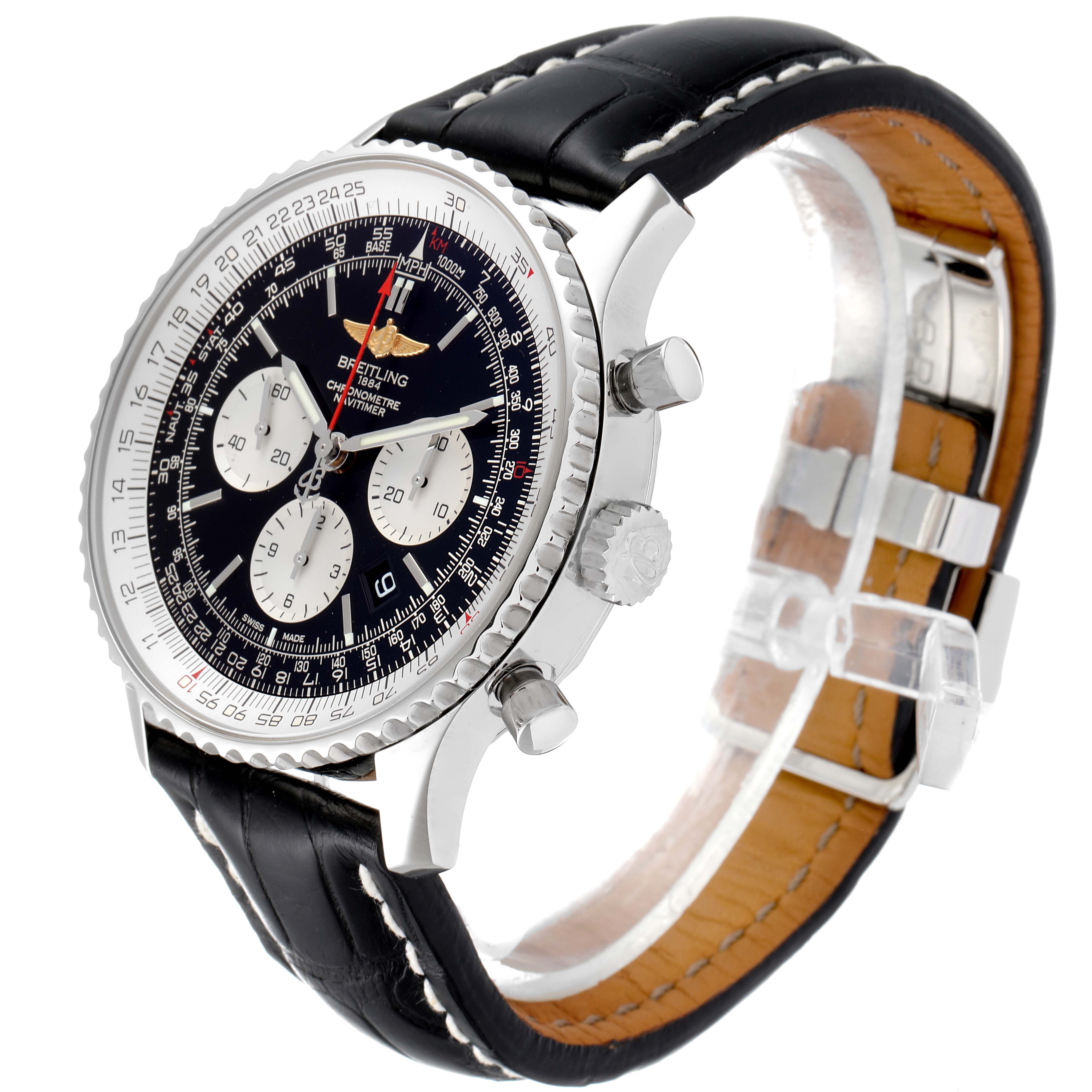 The Breitling Navitimer AB0127211C1A1 Men
s Stainless Steel Black Dial AB0127211C1A1 Men
s Stainless Steel Black Dial watch is shown at a front-right angle, highlighting the dial, bezel, crown, pushers, and leather strap.