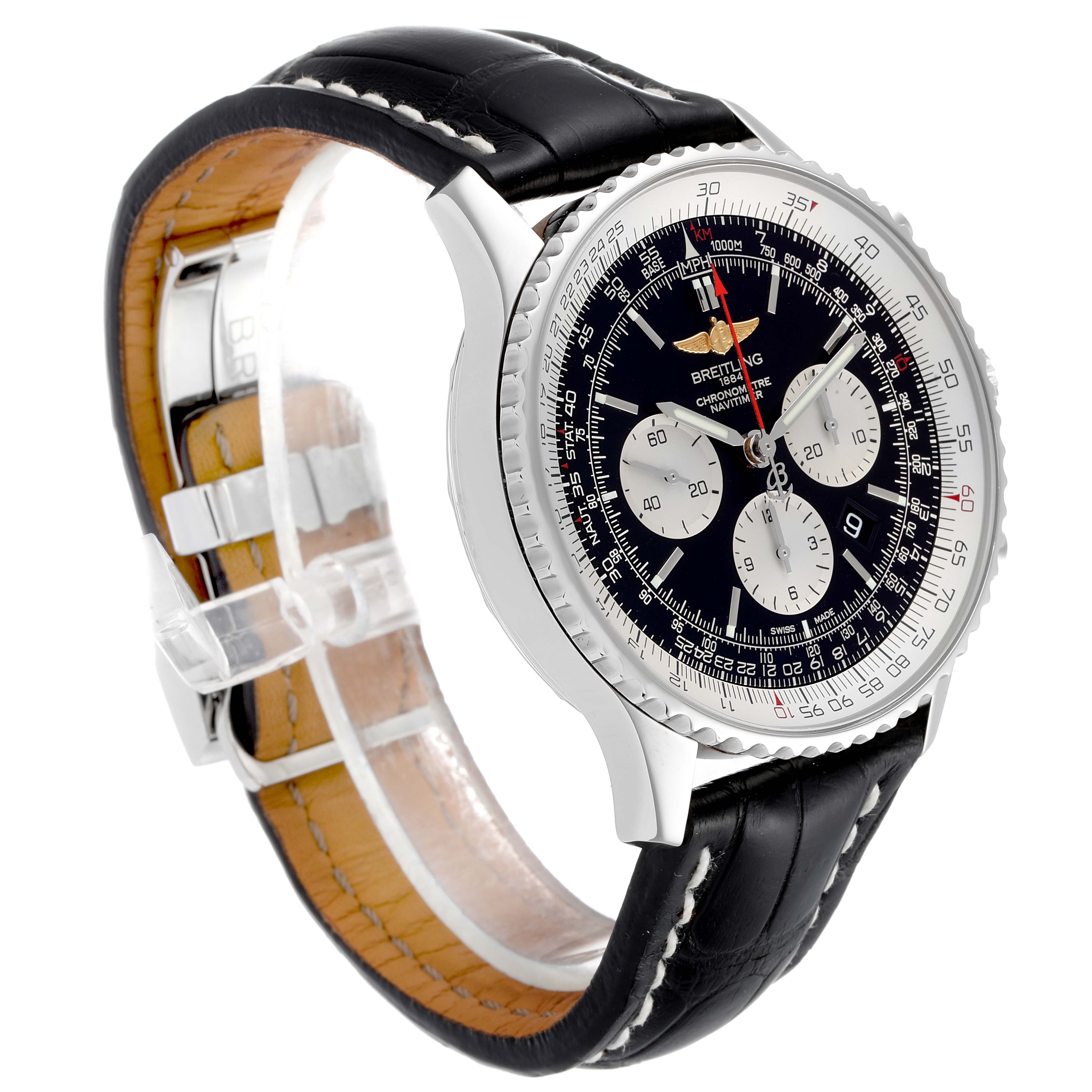 The Breitling Navitimer AB0127211C1A1 Men
s Stainless Steel Black Dial AB0127211C1A1 Men
s Stainless Steel Black Dial watch is shown at a side angle, highlighting its black leather strap, intricate face, and bezel.