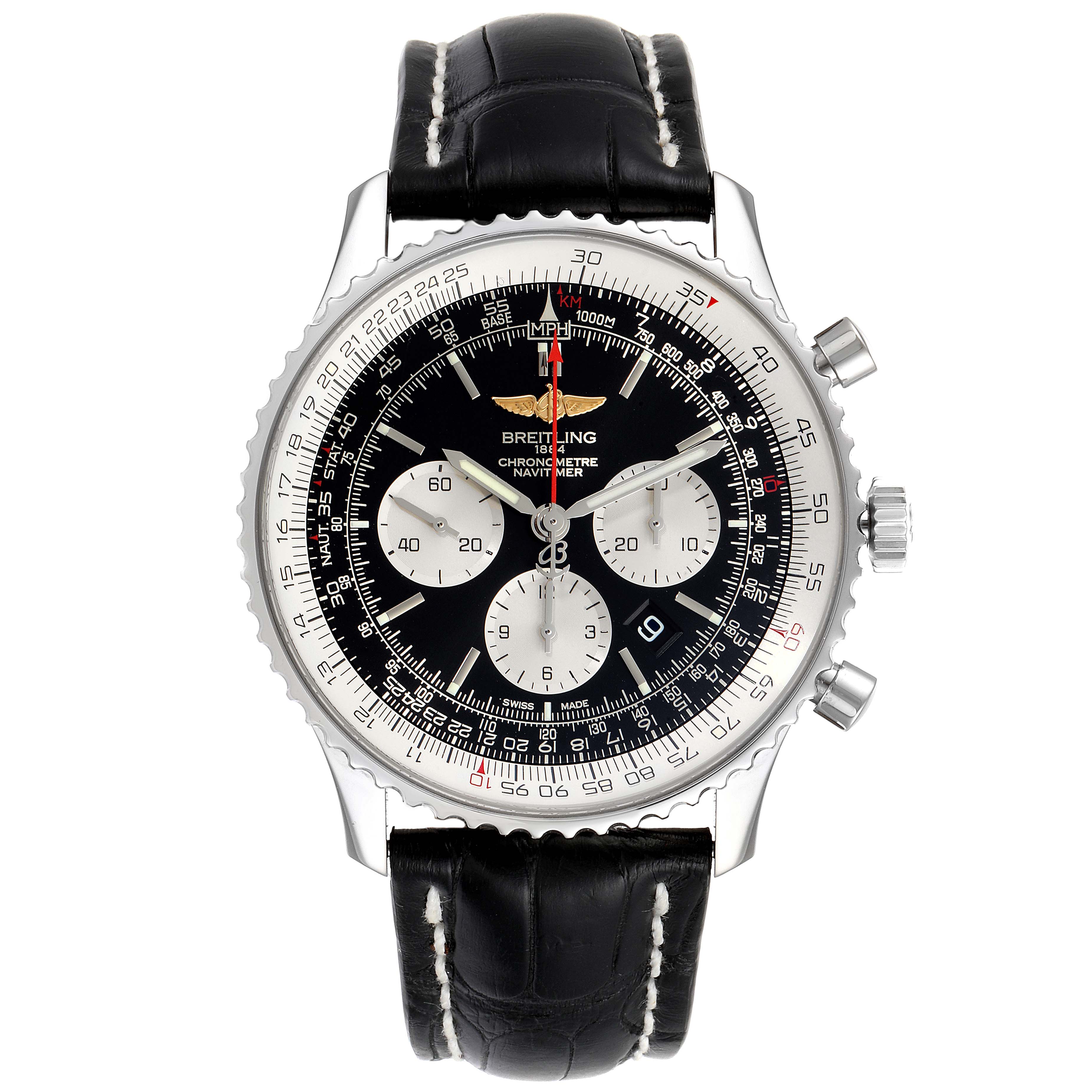 The image shows a front view of a Breitling Navitimer AB0127211C1A1 Men
s Stainless Steel Black Dial AB0127211C1A1 Men
s Stainless Steel Black Dial watch with a black leather strap and detailed chronograph dial.
