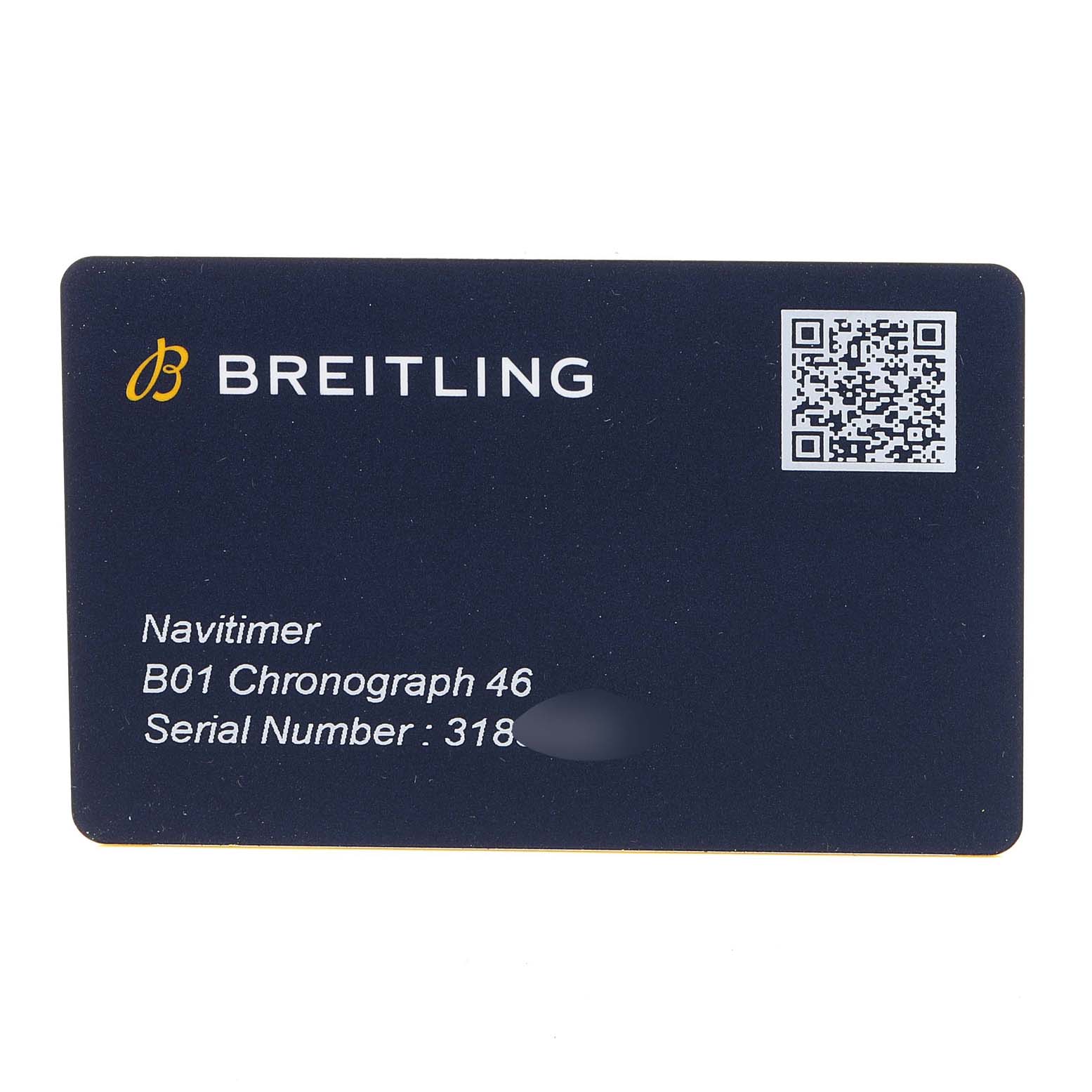 This image shows an identification card for the Breitling Navitimer AB0127211C1A1 Men
s Stainless Steel Black Dial AB0127211C1A1 Men
s Stainless Steel Black Dial B01 Chronograph 46 model.