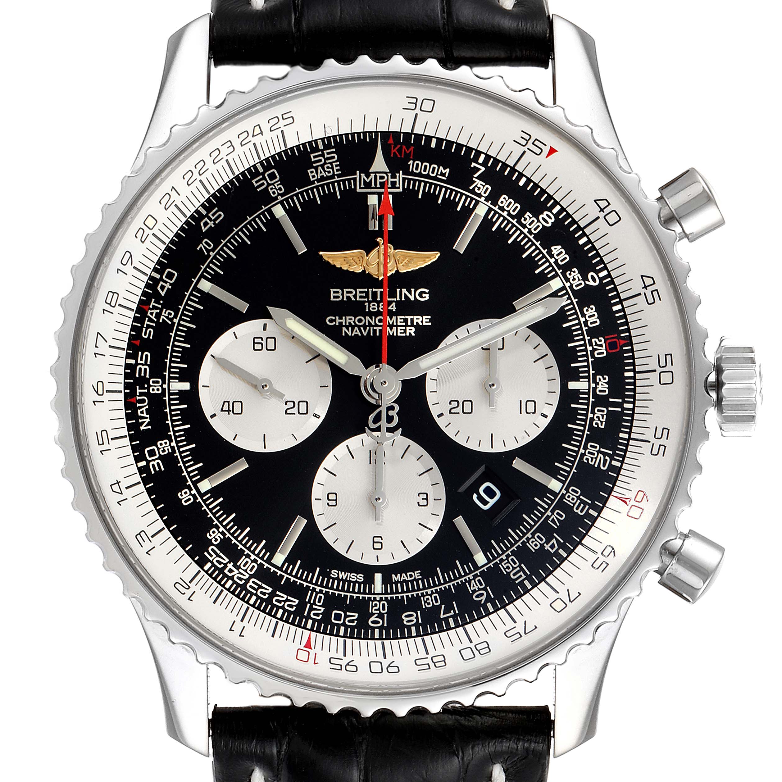 The image shows a front view of a Breitling Navitimer AB0127211C1A1 Men
s Stainless Steel Black Dial AB0127211C1A1 Men
s Stainless Steel Black Dial watch, displaying its dial, chronograph subdials, and bezel.