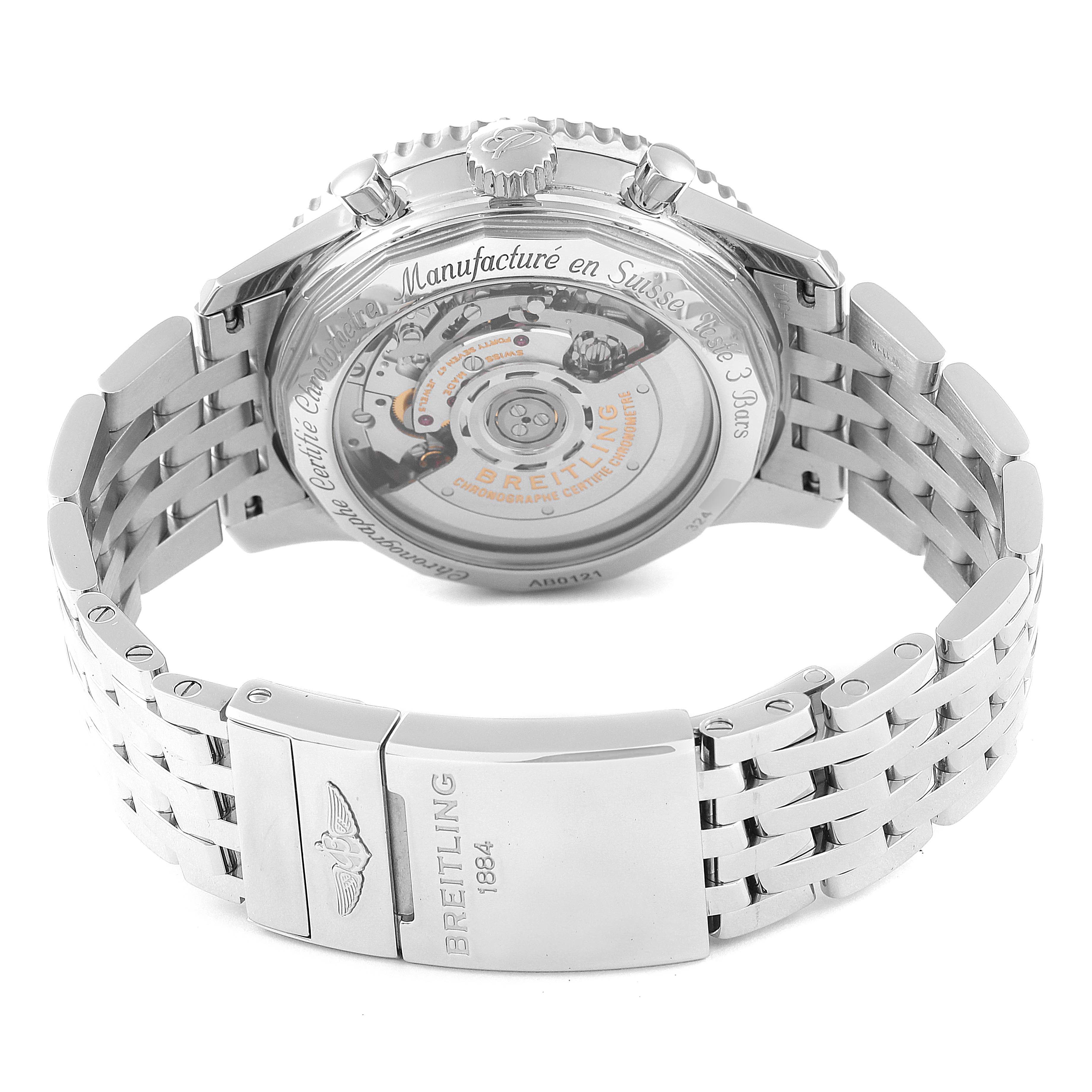 The image shows the back view of a Breitling Navitimer AB0121 Men
s Stainless Steel Blue Dial AB0121 Men
s Stainless Steel Blue Dial watch, displaying its transparent case back and metal bracelet.