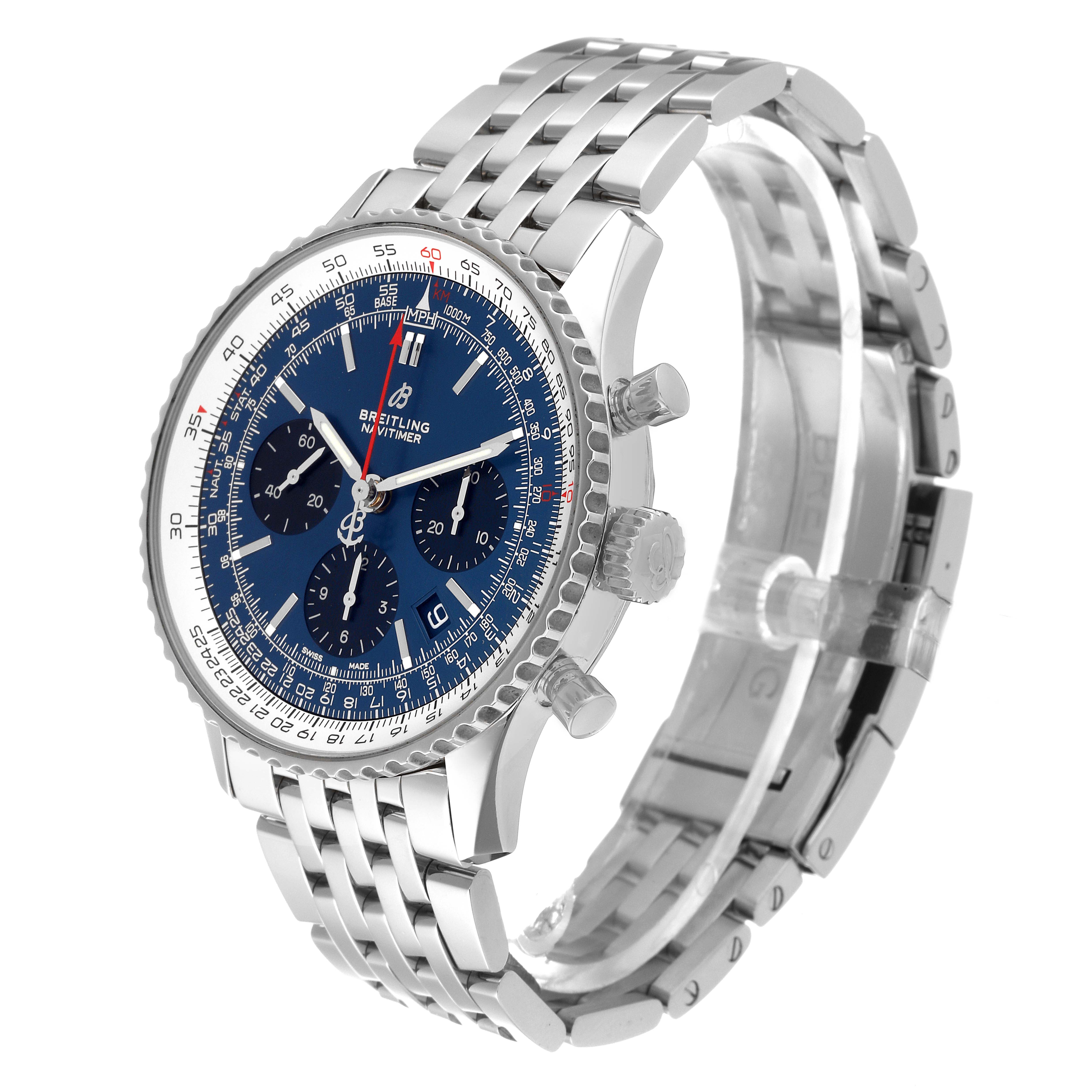 The image shows a Breitling Navitimer AB0121 Men
s Stainless Steel Blue Dial AB0121 Men
s Stainless Steel Blue Dial watch from a three-quarter angle, highlighting its face, bezel, and metal bracelet.