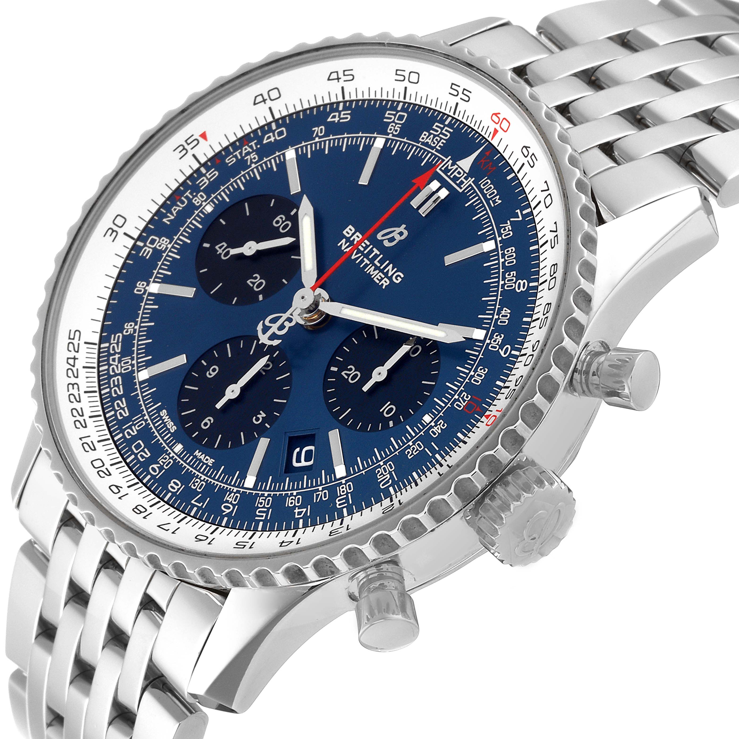 The image shows a side angle of the Breitling Navitimer AB0121 Men
s Stainless Steel Blue Dial AB0121 Men
s Stainless Steel Blue Dial, highlighting the dial, crown, pushers, and metal bracelet.