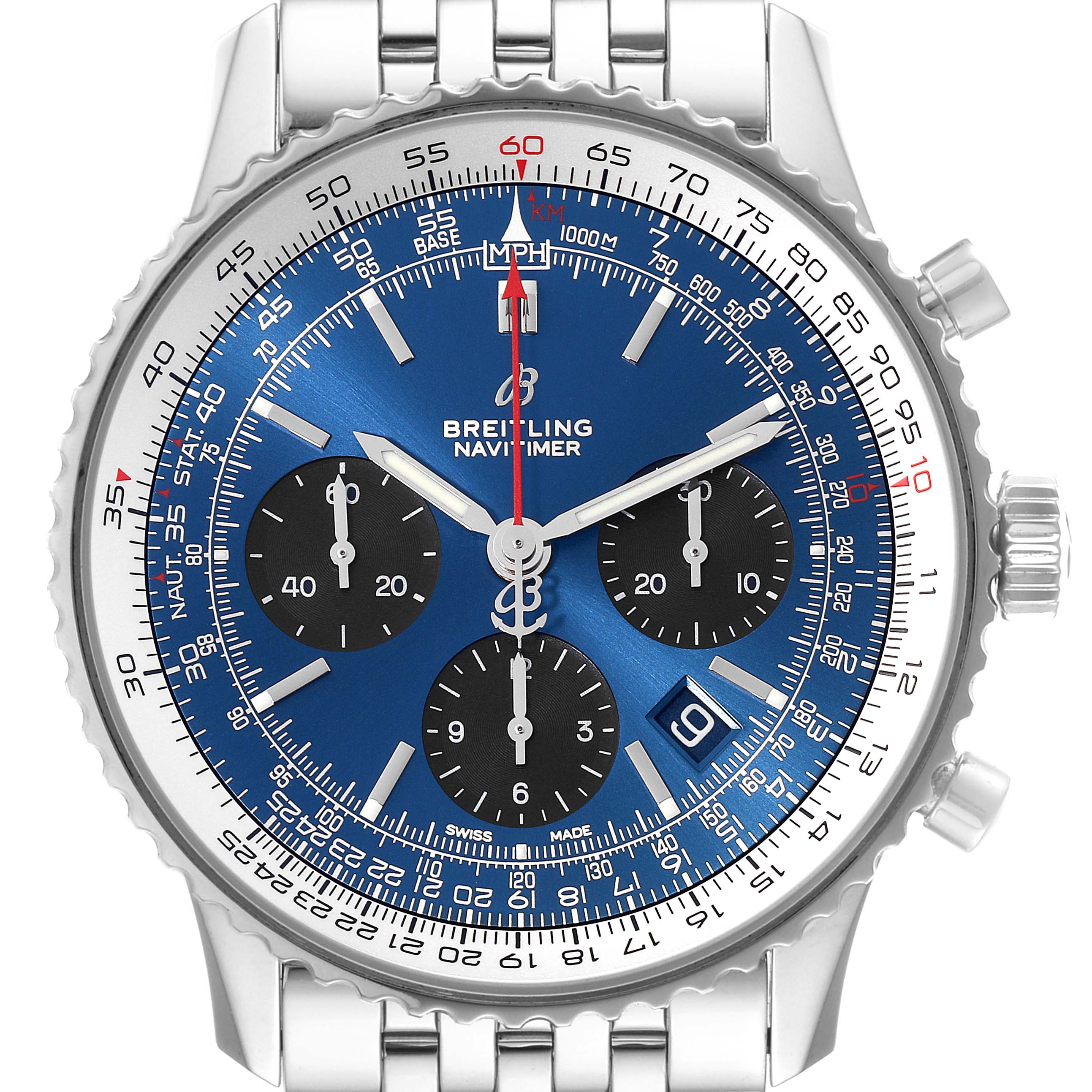 The Breitling Navitimer AB0121 Men
s Stainless Steel Blue Dial AB0121 Men
s Stainless Steel Blue Dial watch is shown from a front angle, displaying its blue dial, three subdials, and stainless steel strap.