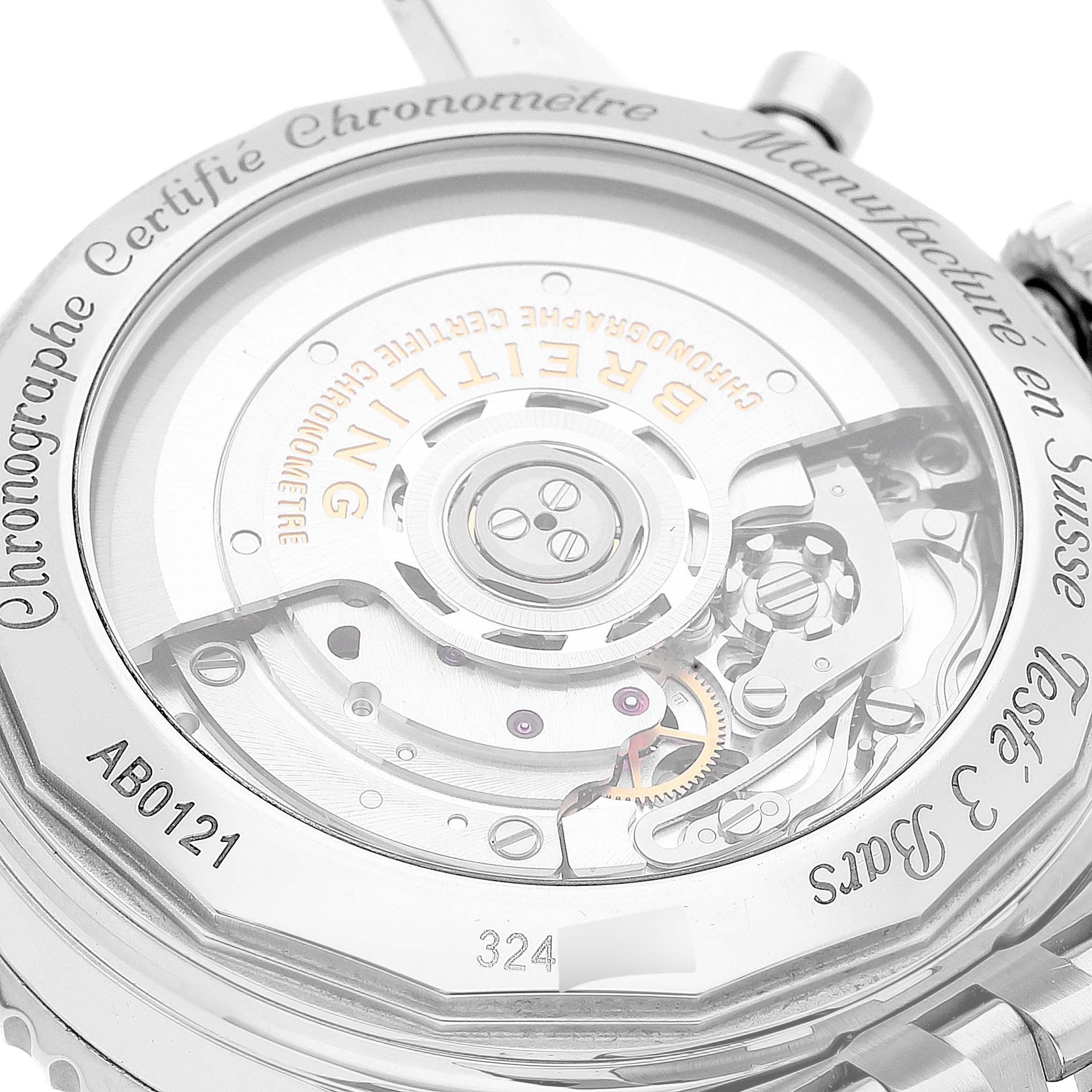 The image shows the back view of the movement mechanism of a Breitling Navitimer AB0121 Men
s Stainless Steel Blue Dial AB0121 Men
s Stainless Steel Blue Dial watch.