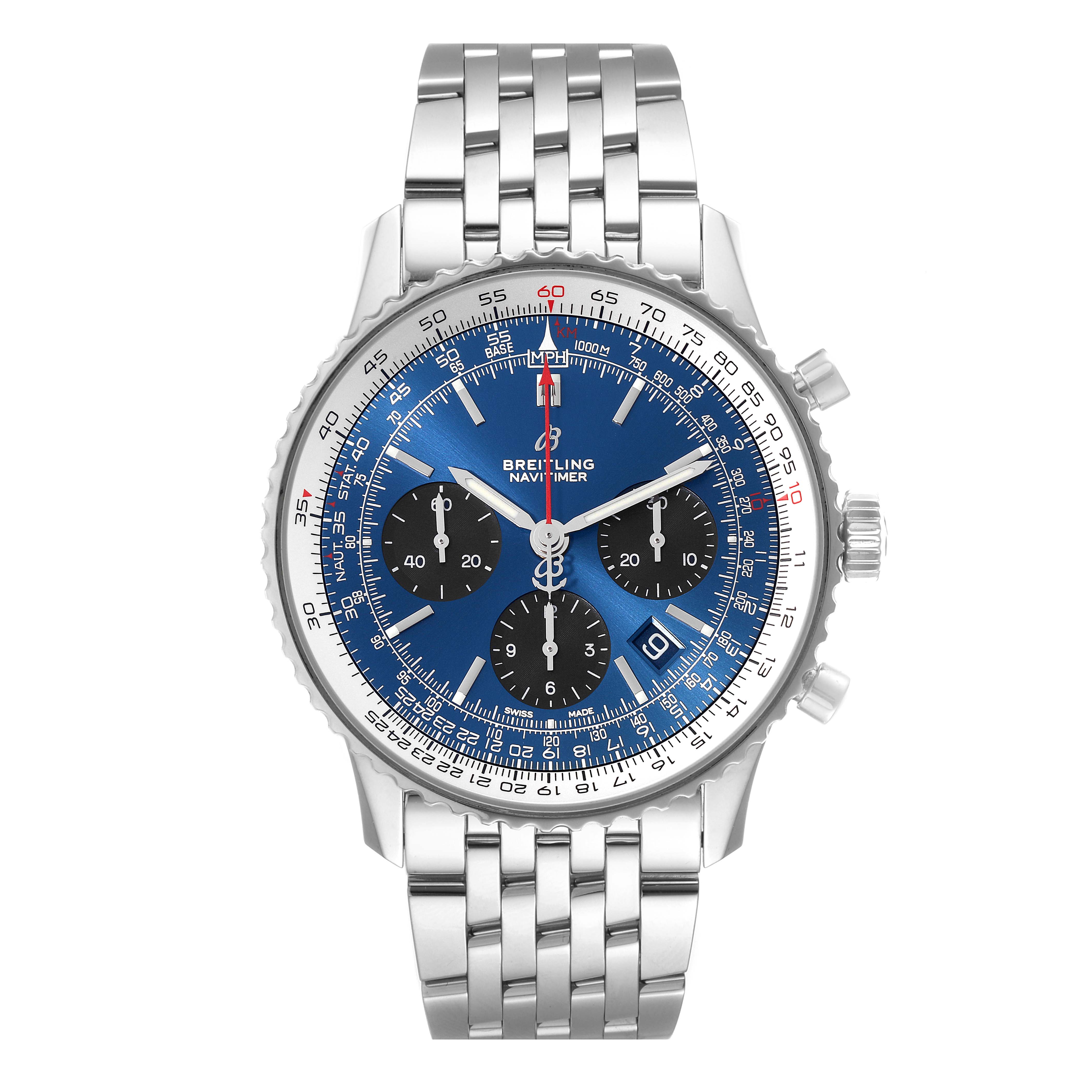 The image shows a front view of a Breitling Navitimer AB0121 Men
s Stainless Steel Blue Dial AB0121 Men
s Stainless Steel Blue Dial watch with a blue dial, three subdials, and a metal bracelet.