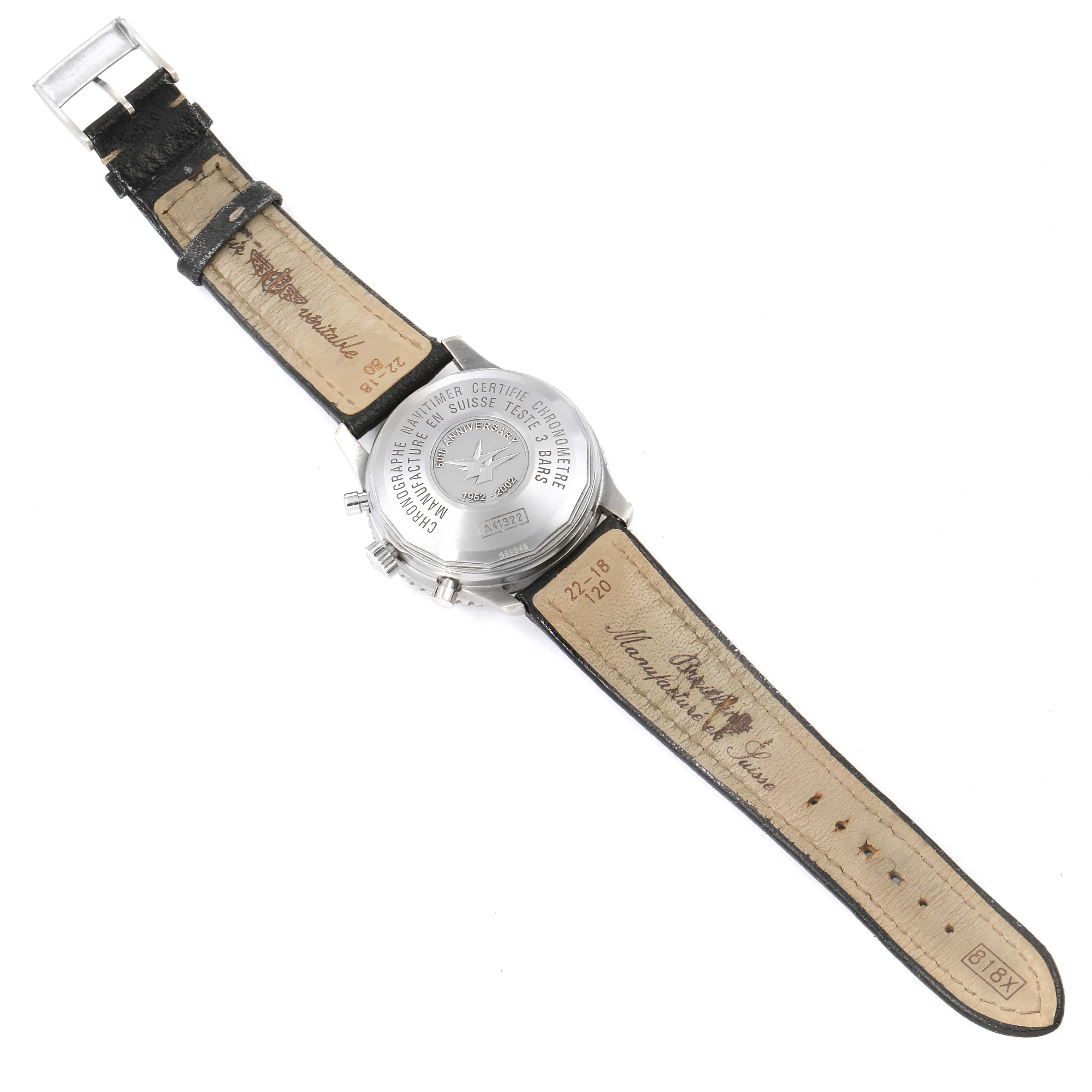 The image shows the backside and leather strap of a Breitling Navitimer A41322 Men's Stainless Steel Silver Dial A41322 Men's Stainless Steel Silver Dial watch, highlighting the engravings and watch details.