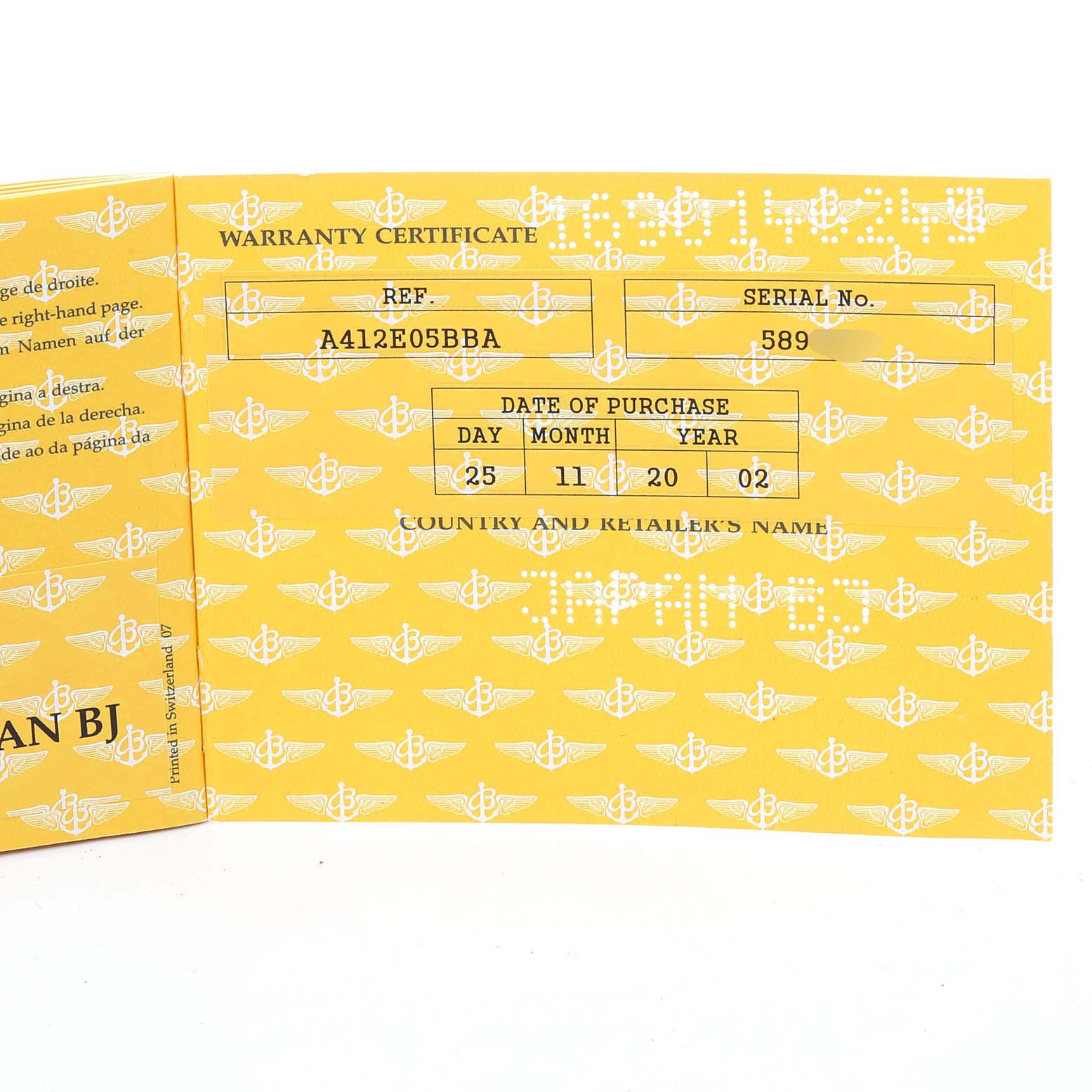 This image shows the warranty certificate for a Breitling Navitimer A41322 Men's Stainless Steel Silver Dial A41322 Men's Stainless Steel Silver Dial watch, with details on the purchase date, reference, and serial number.