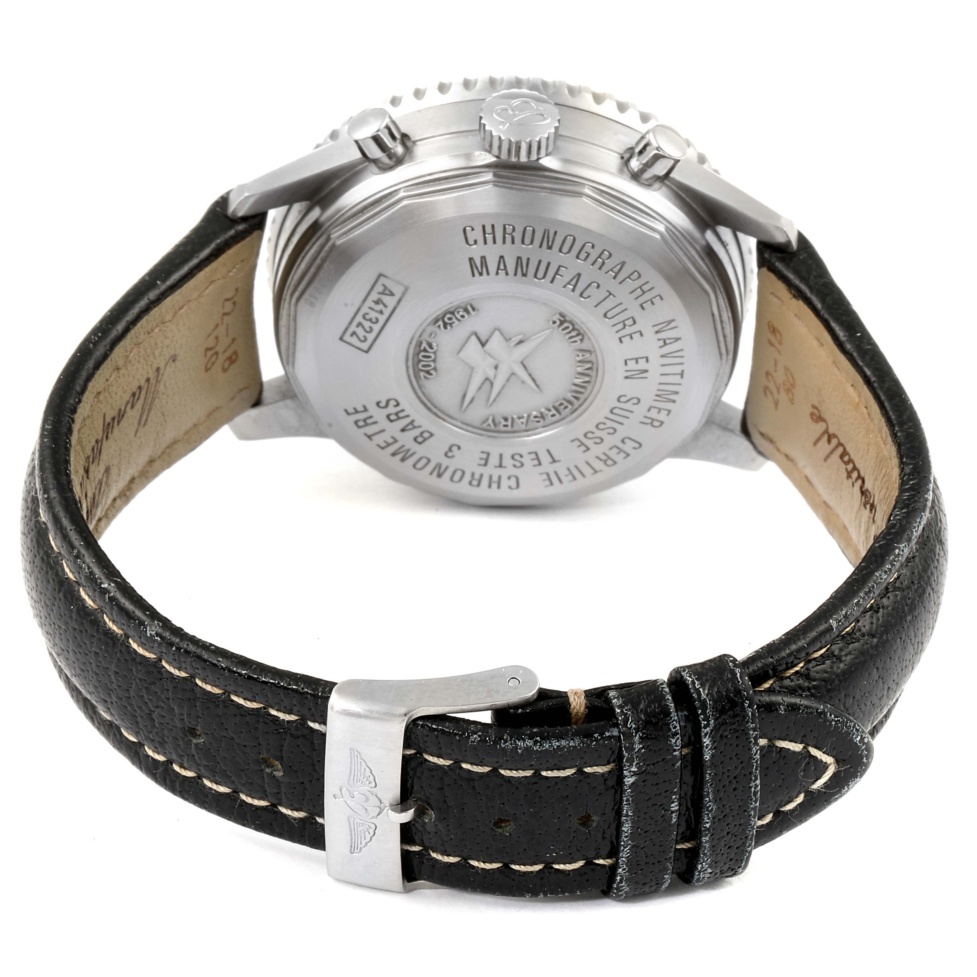 The image shows the back case and leather strap of a Breitling Navitimer A41322 Men's Stainless Steel Silver Dial A41322 Men's Stainless Steel Silver Dial watch from a rear angle.