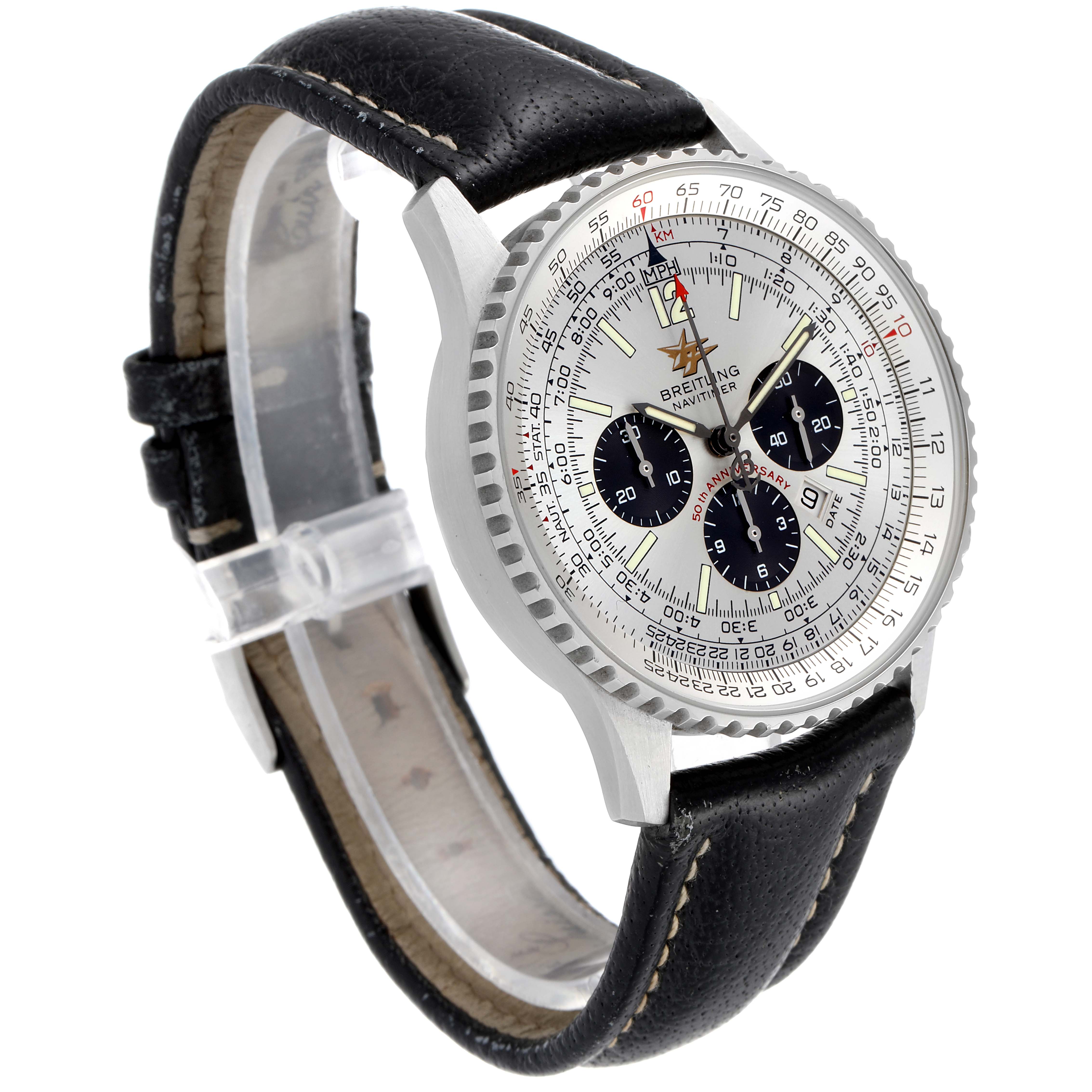 A Breitling Navitimer A41322 Men's Stainless Steel Silver Dial A41322 Men's Stainless Steel Silver Dial watch shown at a slight angle from the front, highlighting the dial, bezel, and leather strap.