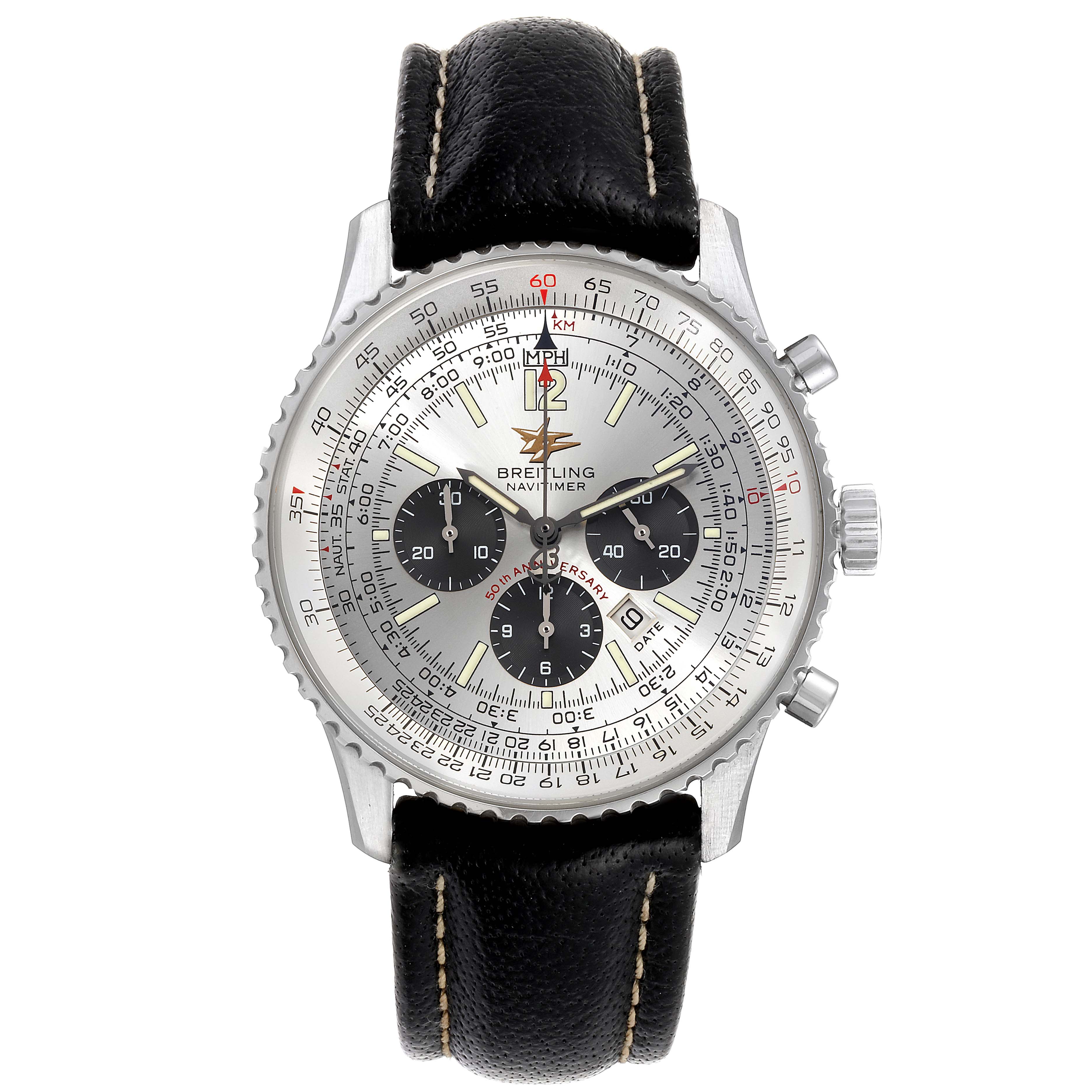 The image shows a front view of the Breitling Navitimer A41322 Men's Stainless Steel Silver Dial A41322 Men's Stainless Steel Silver Dial watch, featuring its dial, bezel, chronographs, and leather strap.