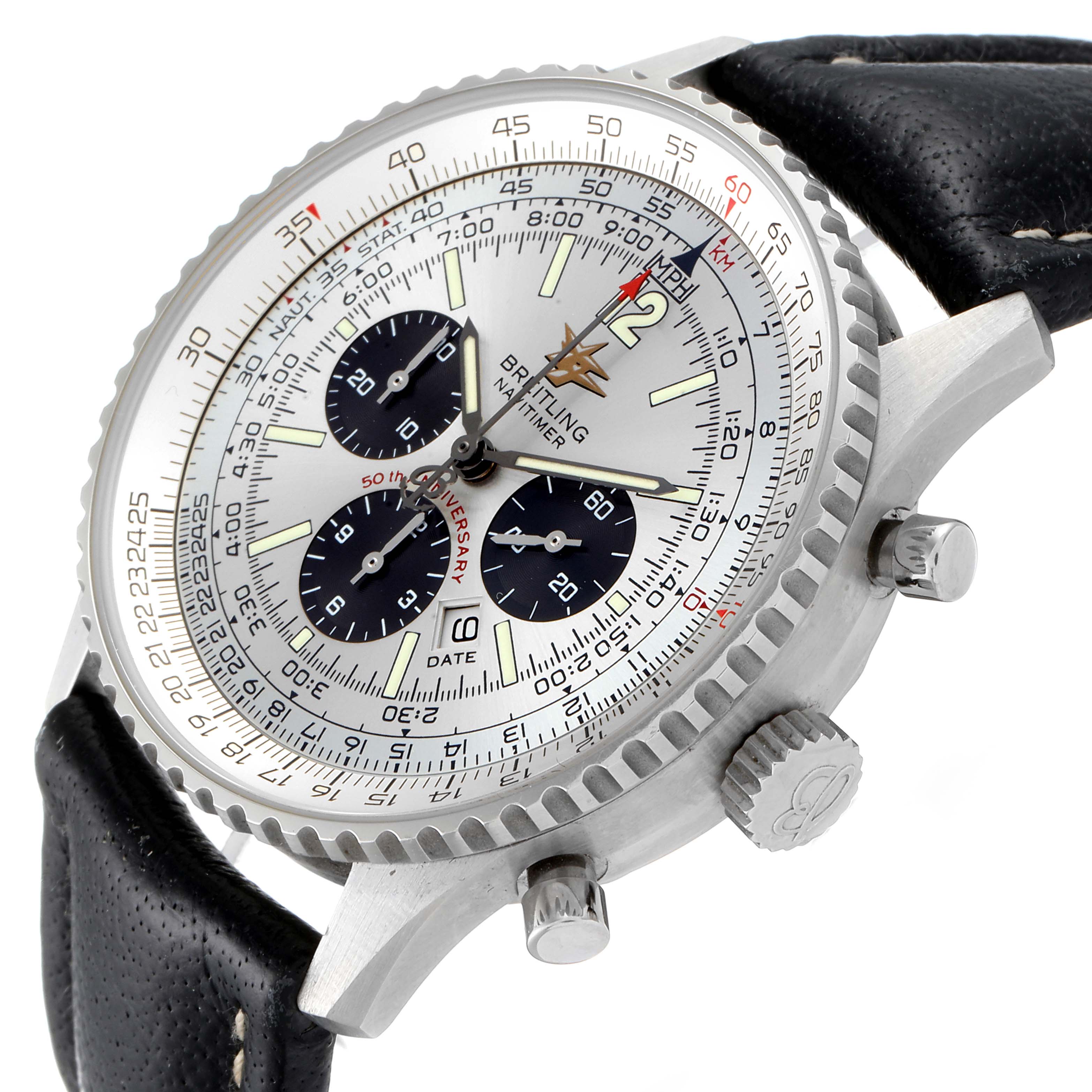 This image shows a Breitling Navitimer A41322 Men's Stainless Steel Silver Dial A41322 Men's Stainless Steel Silver Dial watch at an angled side view, highlighting the dial, bezel, crown, and black leather strap.