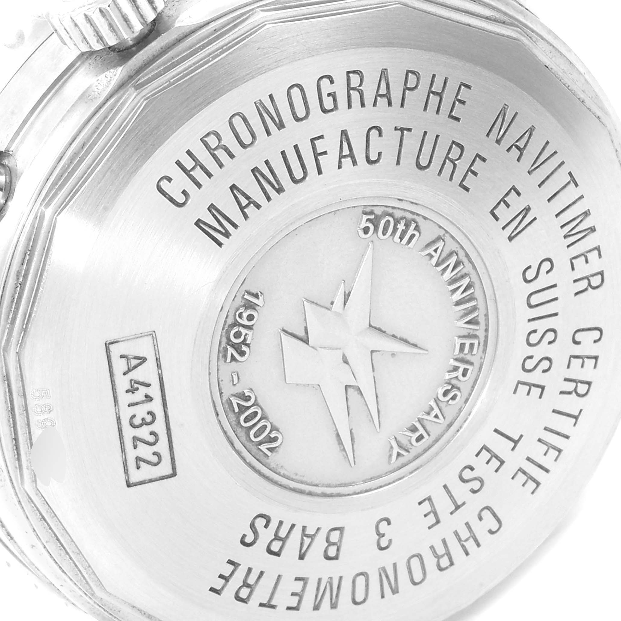 The image shows the back case of a Breitling Navitimer A41322 Men's Stainless Steel Silver Dial A41322 Men's Stainless Steel Silver Dial watch, highlighting its engravings and 50th Anniversary marking.