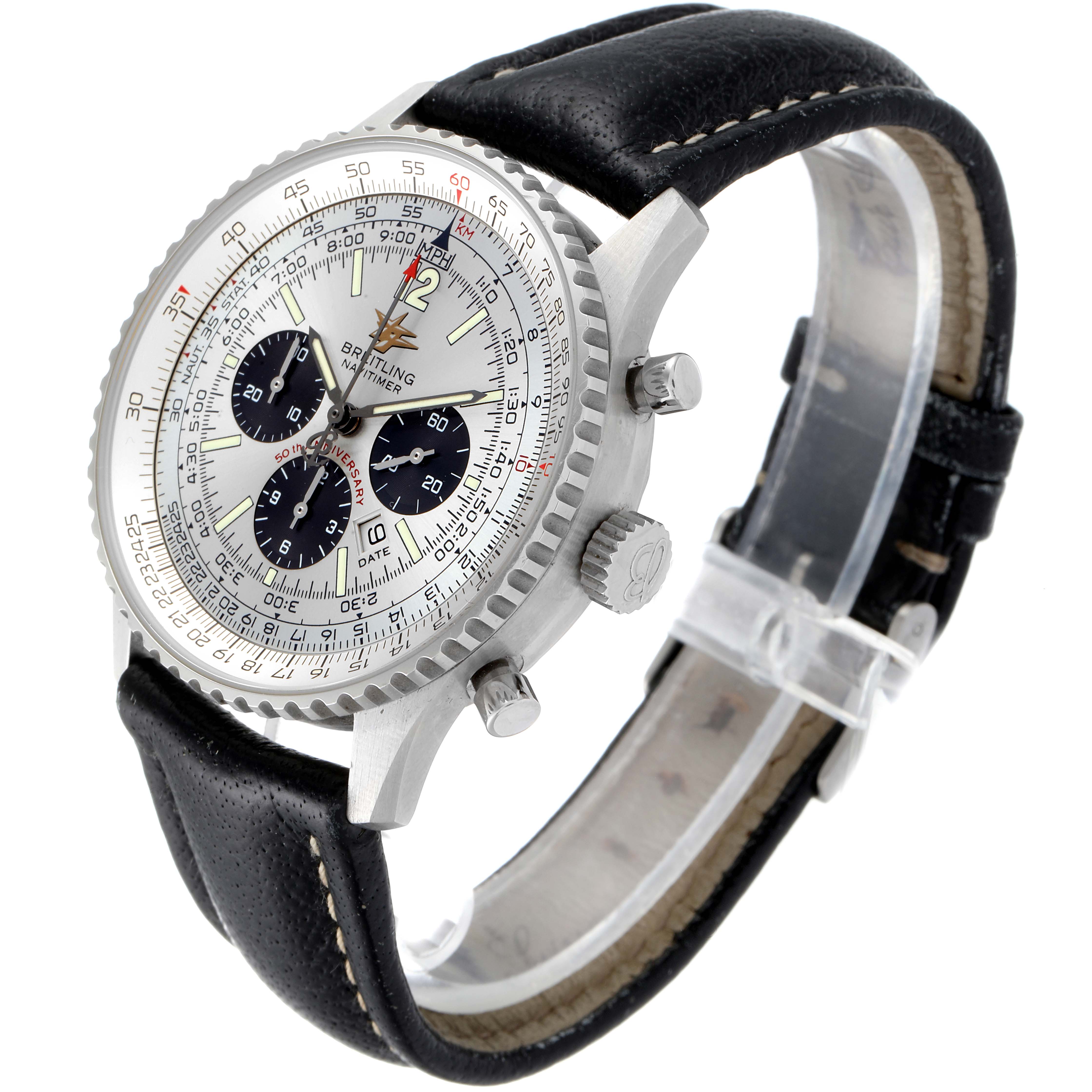 The image shows a Breitling Navitimer A41322 Men's Stainless Steel Silver Dial A41322 Men's Stainless Steel Silver Dial watch at a slight angle, highlighting its face, bezel, crown, pushers, and black leather strap.