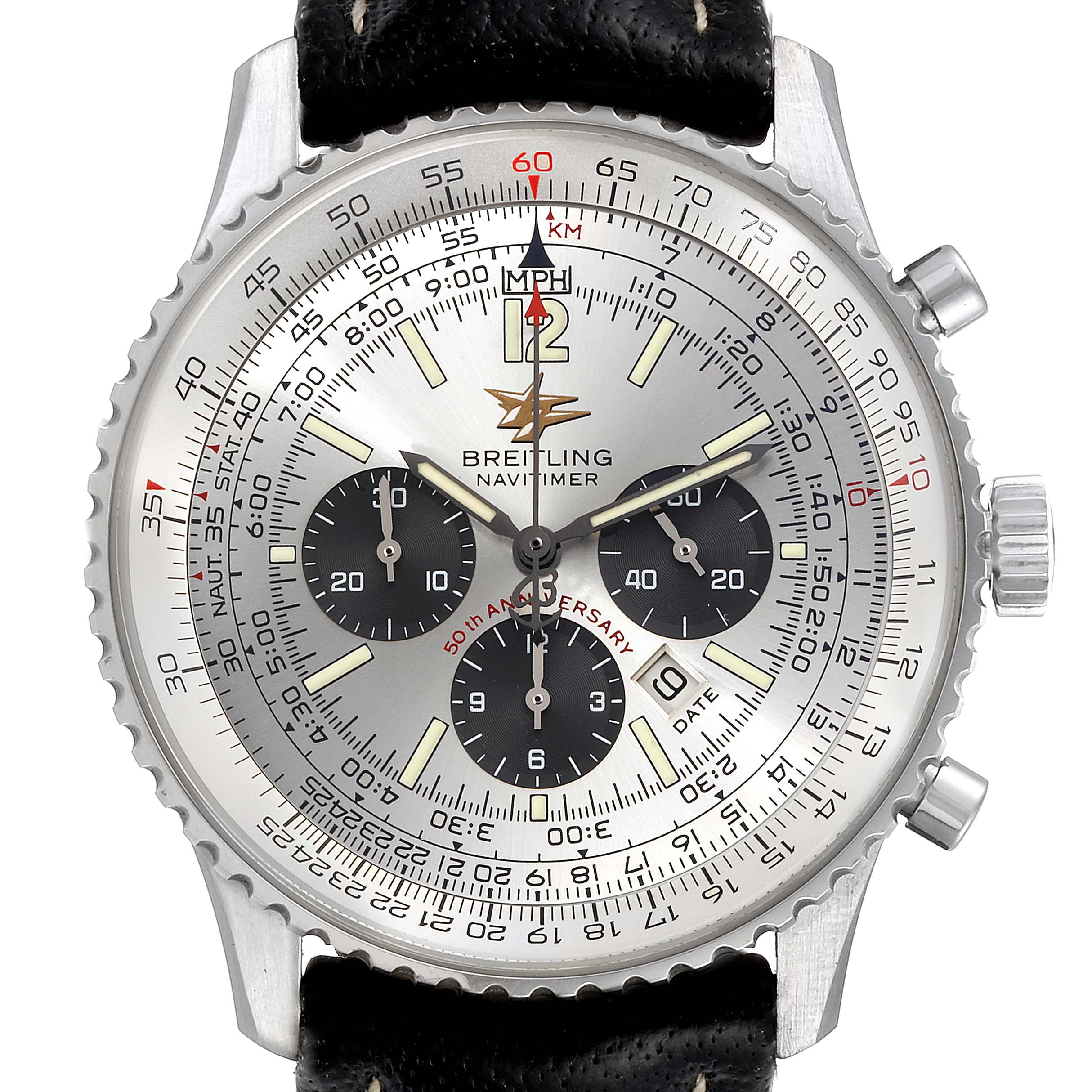 This Breitling Navitimer A41322 Men's Stainless Steel Silver Dial A41322 Men's Stainless Steel Silver Dial watch shows a detailed front view, highlighting the dial, subdials, bezel, crown, and strap.