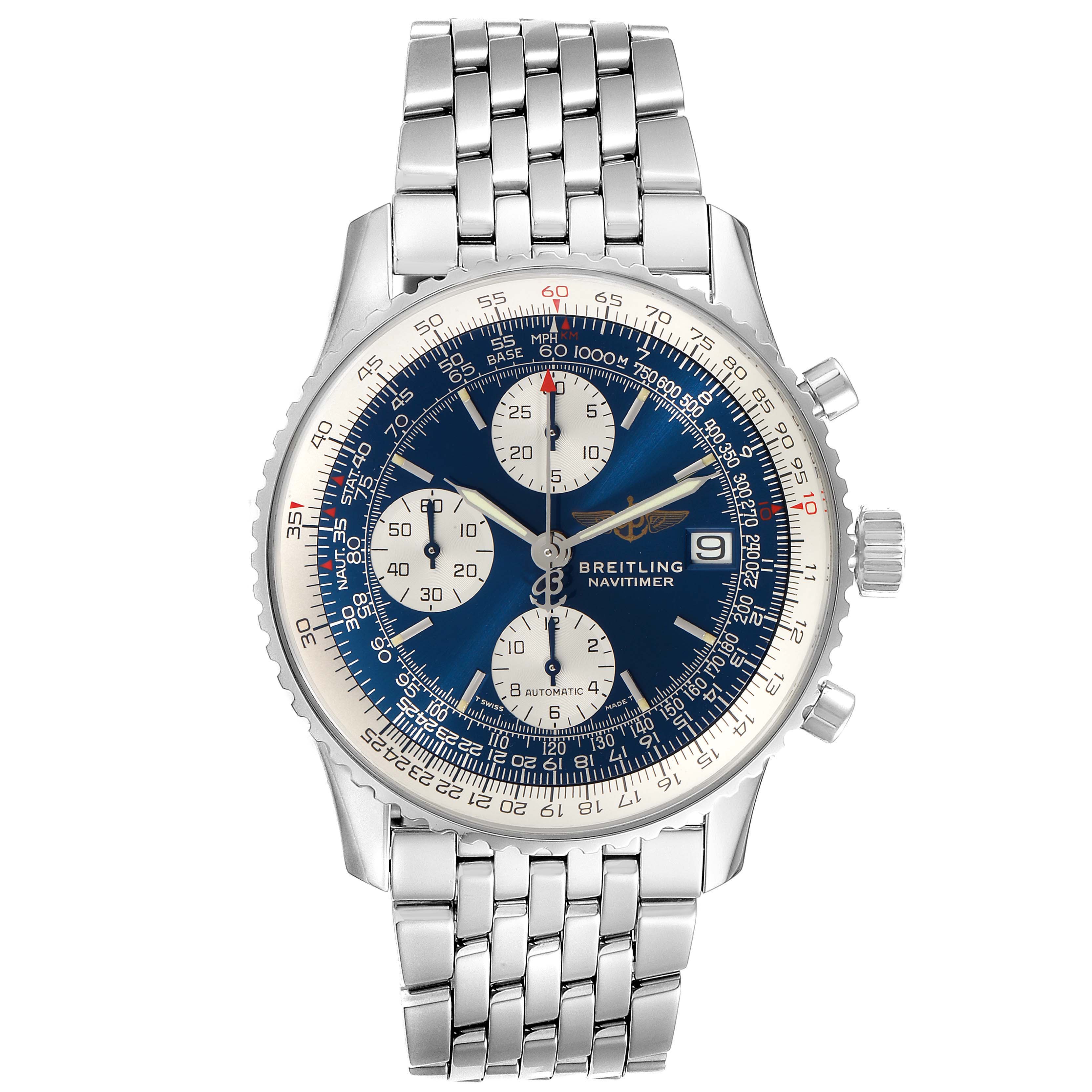 The image shows a front view of a Breitling Navitimer A13022 Men
s Stainless Steel Blue Dial A13022 Men
s Stainless Steel Blue Dial watch, displaying its dial, hands, subdials, and a metal bracelet.