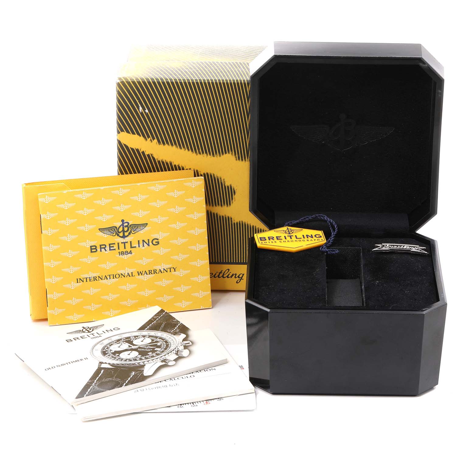 The image shows the Breitling Navitimer A13022 Men
s Stainless Steel Blue Dial A13022 Men
s Stainless Steel Blue Dial watch
s packaging, including the box, international warranty card, and promotional materials.