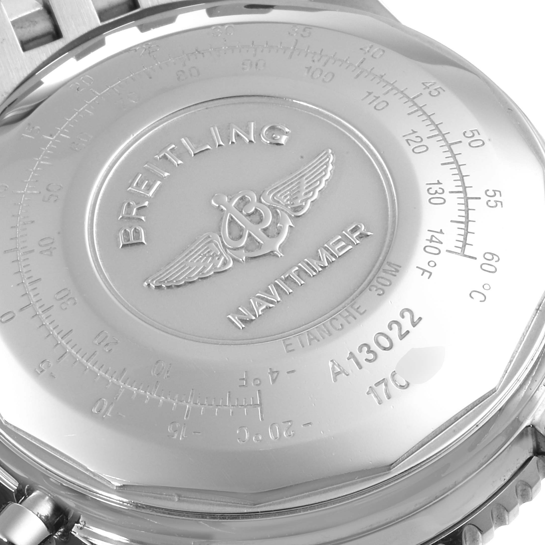 The image shows the back case of a Breitling Navitimer A13022 Men
s Stainless Steel Blue Dial A13022 Men
s Stainless Steel Blue Dial watch, displaying the brand, model, and various engravings.