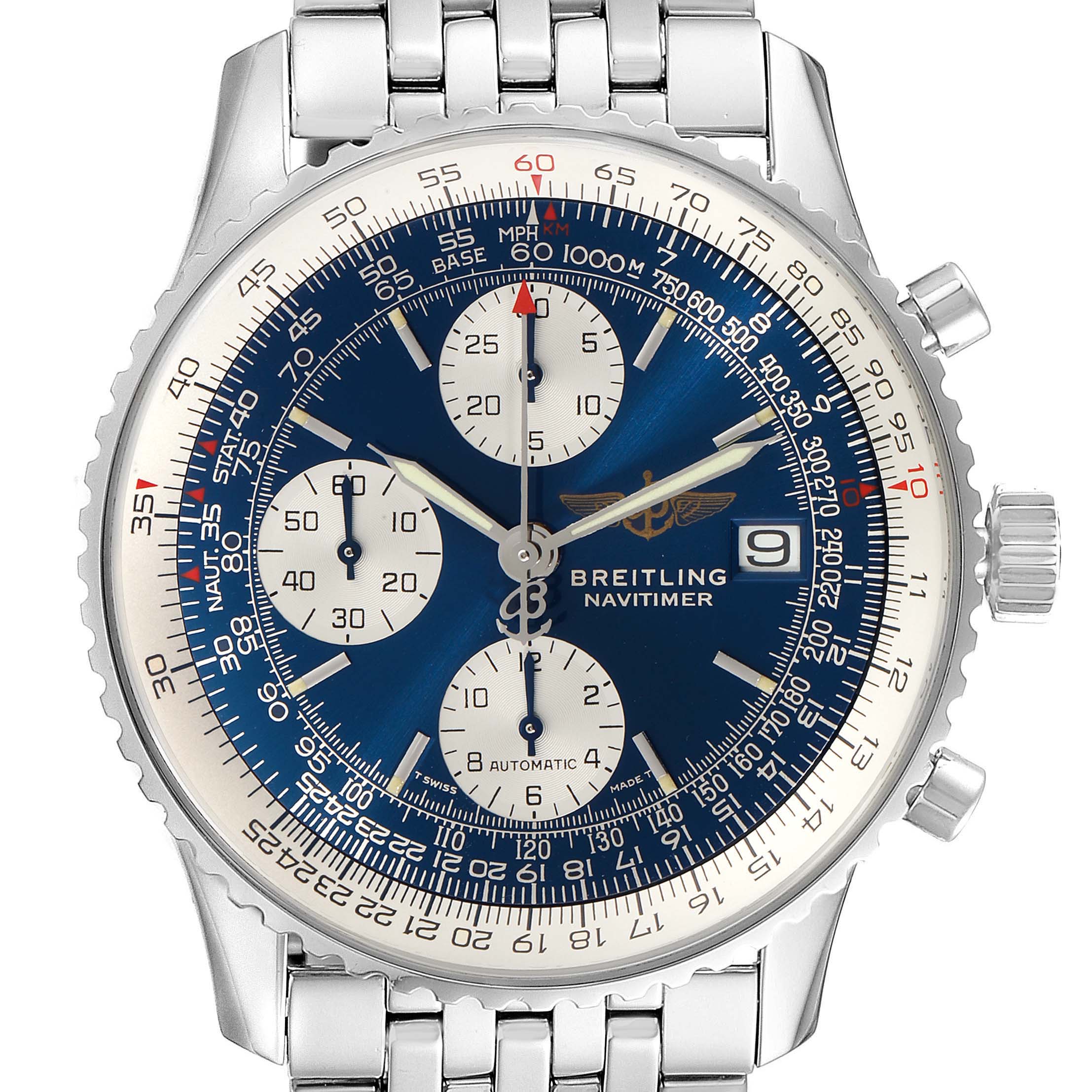 The image shows a front view of a Breitling Navitimer A13022 Men
s Stainless Steel Blue Dial A13022 Men
s Stainless Steel Blue Dial watch, highlighting its blue dial, chronograph sub-dials, bezel, and stainless steel bracelet.