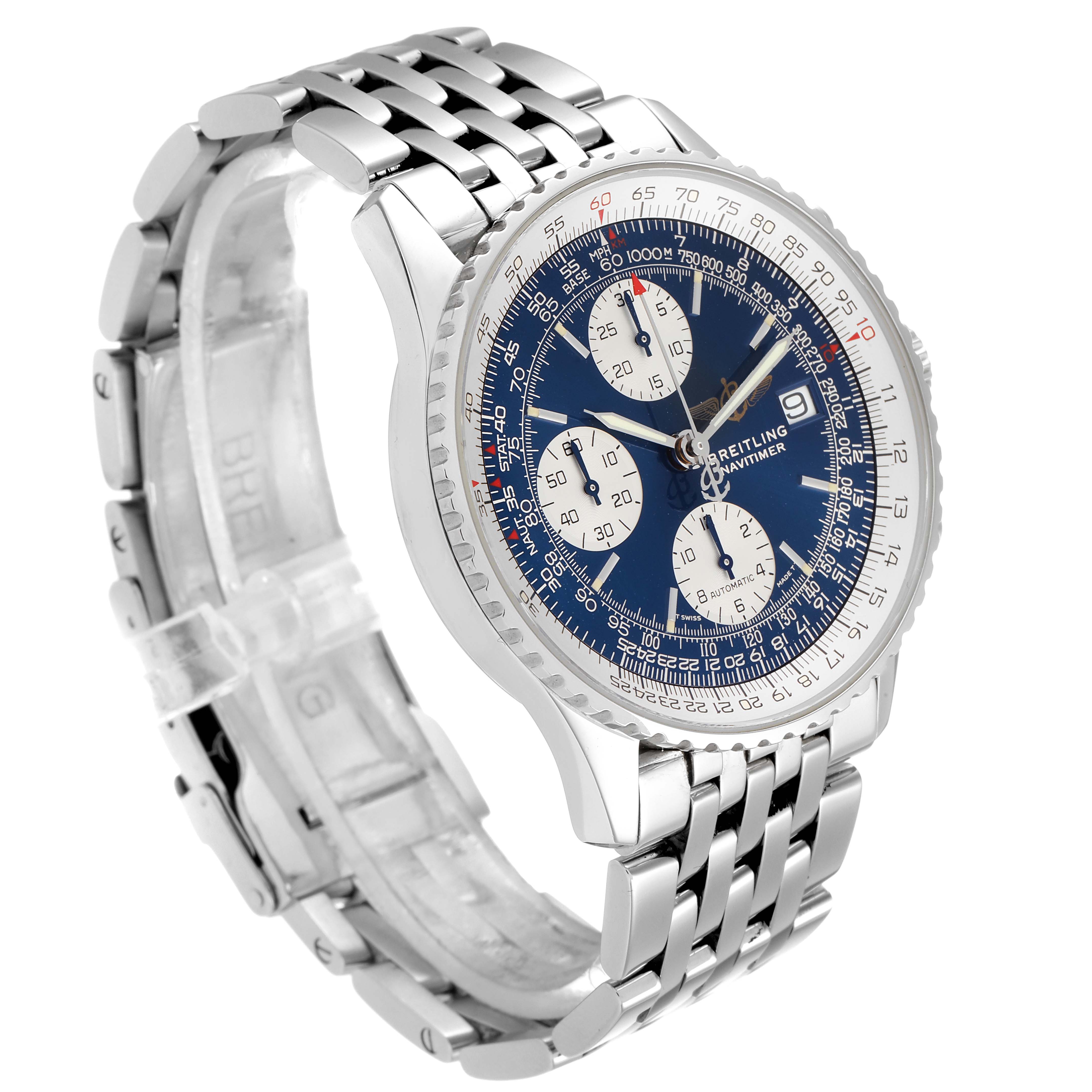 The image shows a Breitling Navitimer A13022 Men
s Stainless Steel Blue Dial A13022 Men
s Stainless Steel Blue Dial watch at a front-side angle, displaying the face, bezel, and part of the metal bracelet.