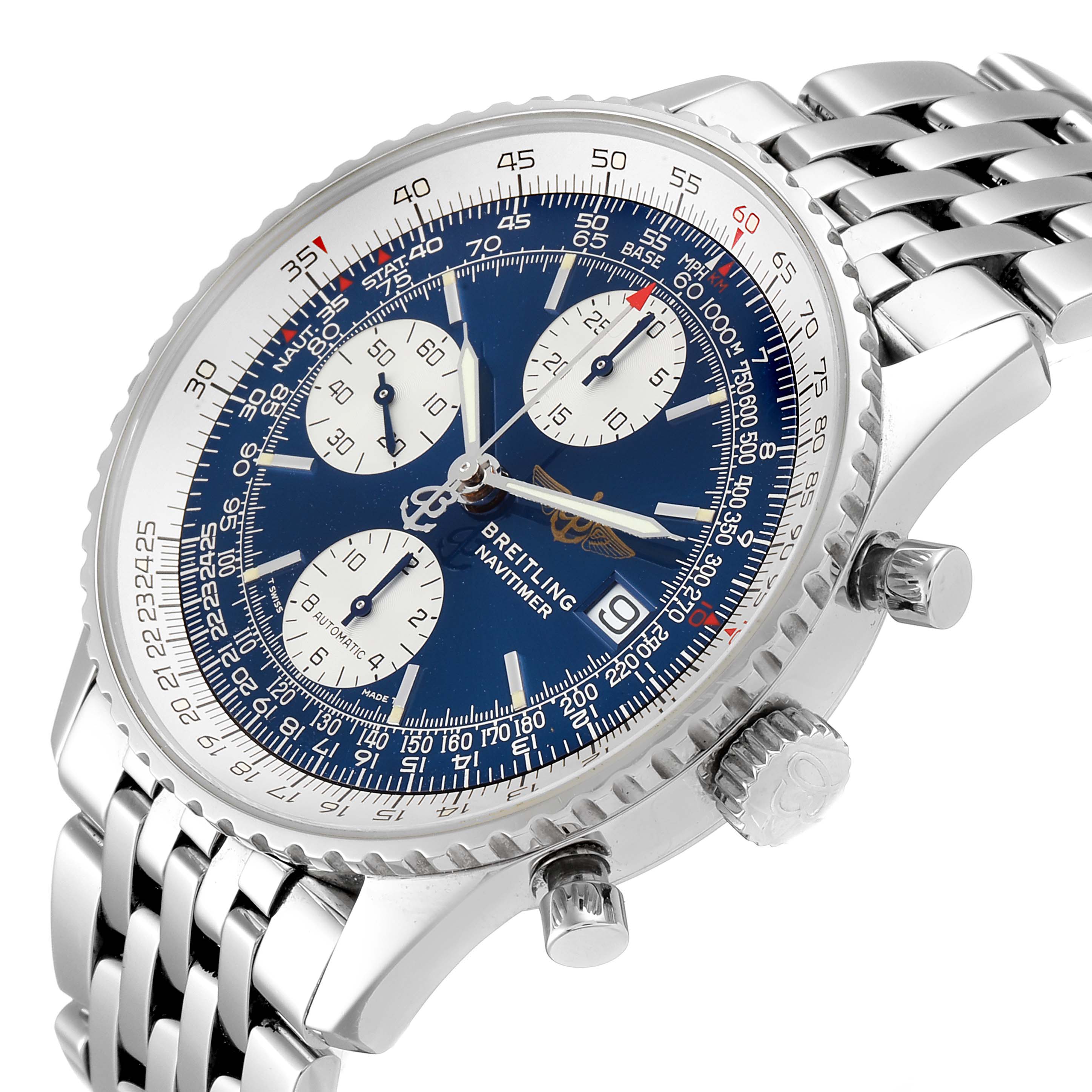 The image shows a slightly angled view of the Breitling Navitimer A13022 Men
s Stainless Steel Blue Dial A13022 Men
s Stainless Steel Blue Dial watch, highlighting its dial, chronograph subdials, and stainless steel bracelet.