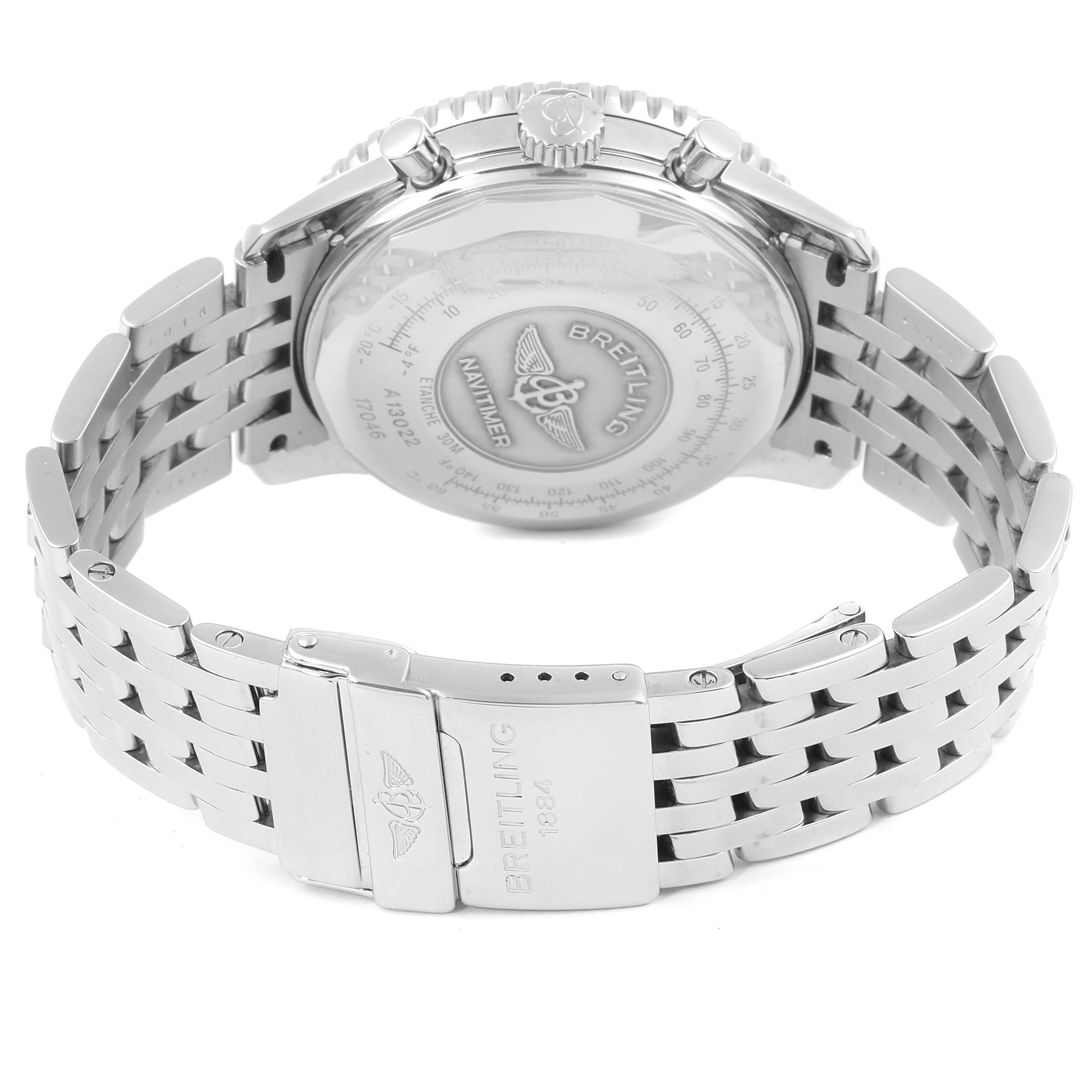 The image shows the back and bracelet of a Breitling Navitimer A13022 Men
s Stainless Steel Blue Dial A13022 Men
s Stainless Steel Blue Dial watch, highlighting the clasp and engraved case back.