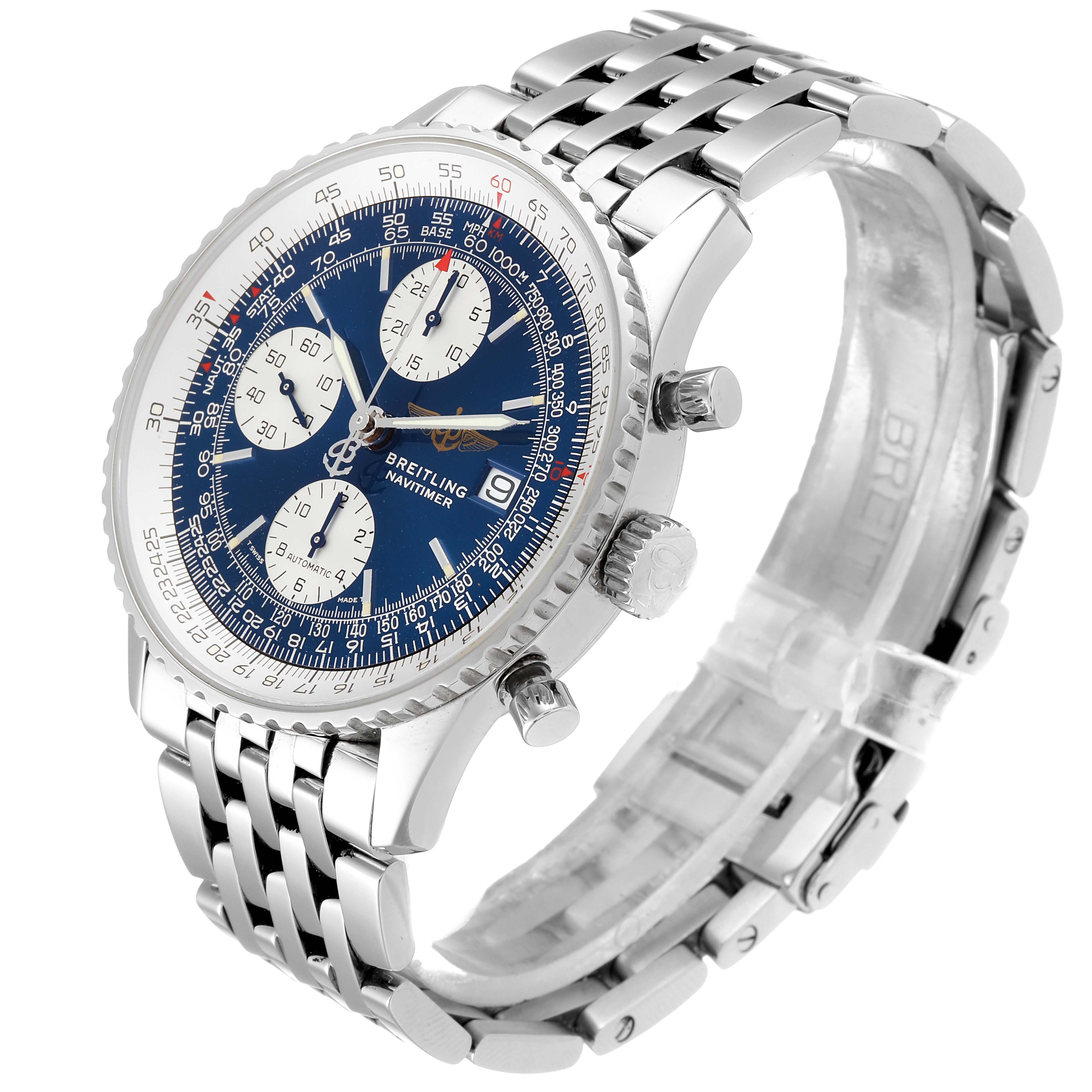 This image shows a Breitling Navitimer A13022 Men
s Stainless Steel Blue Dial A13022 Men
s Stainless Steel Blue Dial watch at a slight angle, revealing the face, crown, pushers, and part of the bracelet.