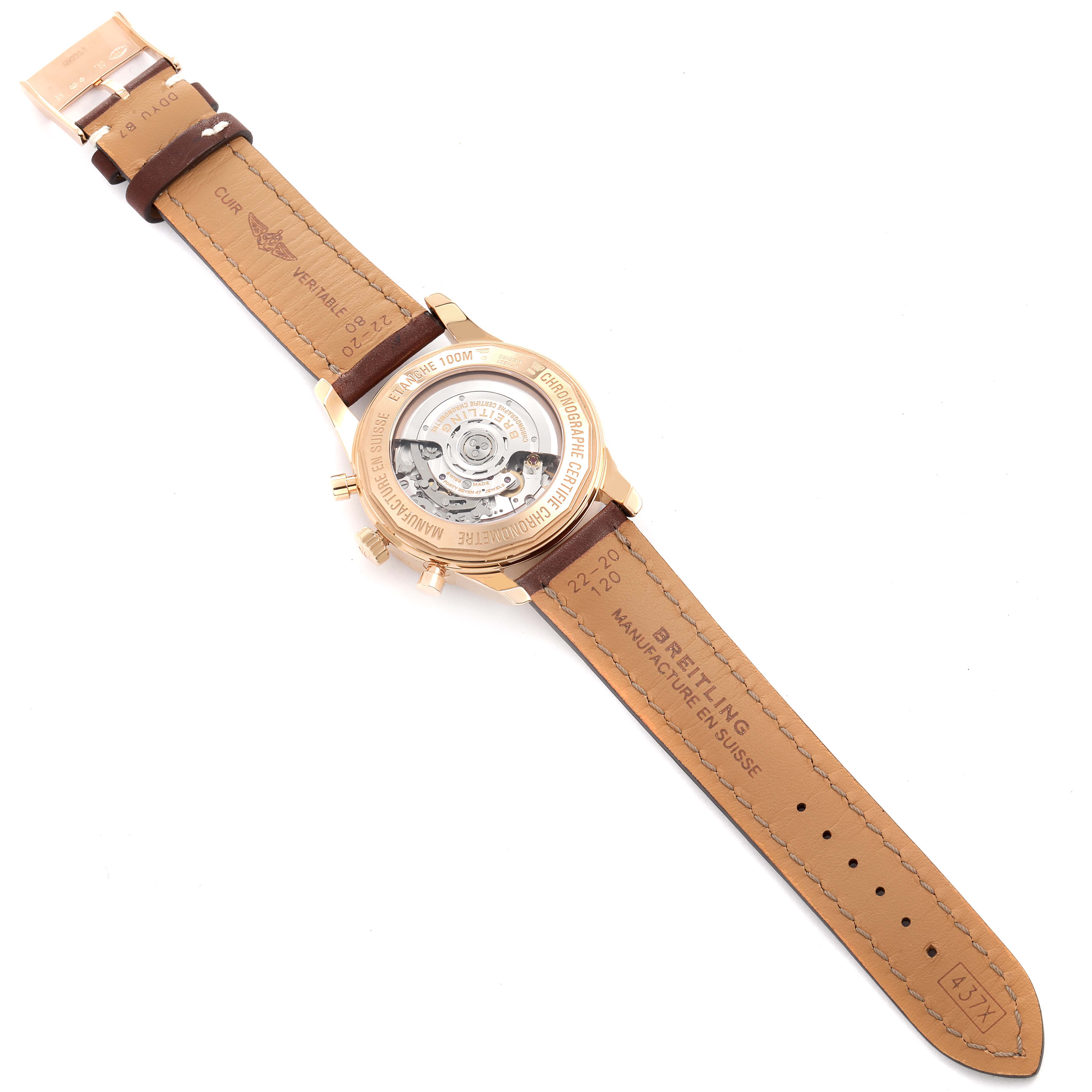 The image shows the rear view of a Breitling Transocean RB0152 Men's Rose Gold Brown Dial RB0152 Men's Rose Gold Brown Dial watch, highlighting its transparent case back and leather strap.