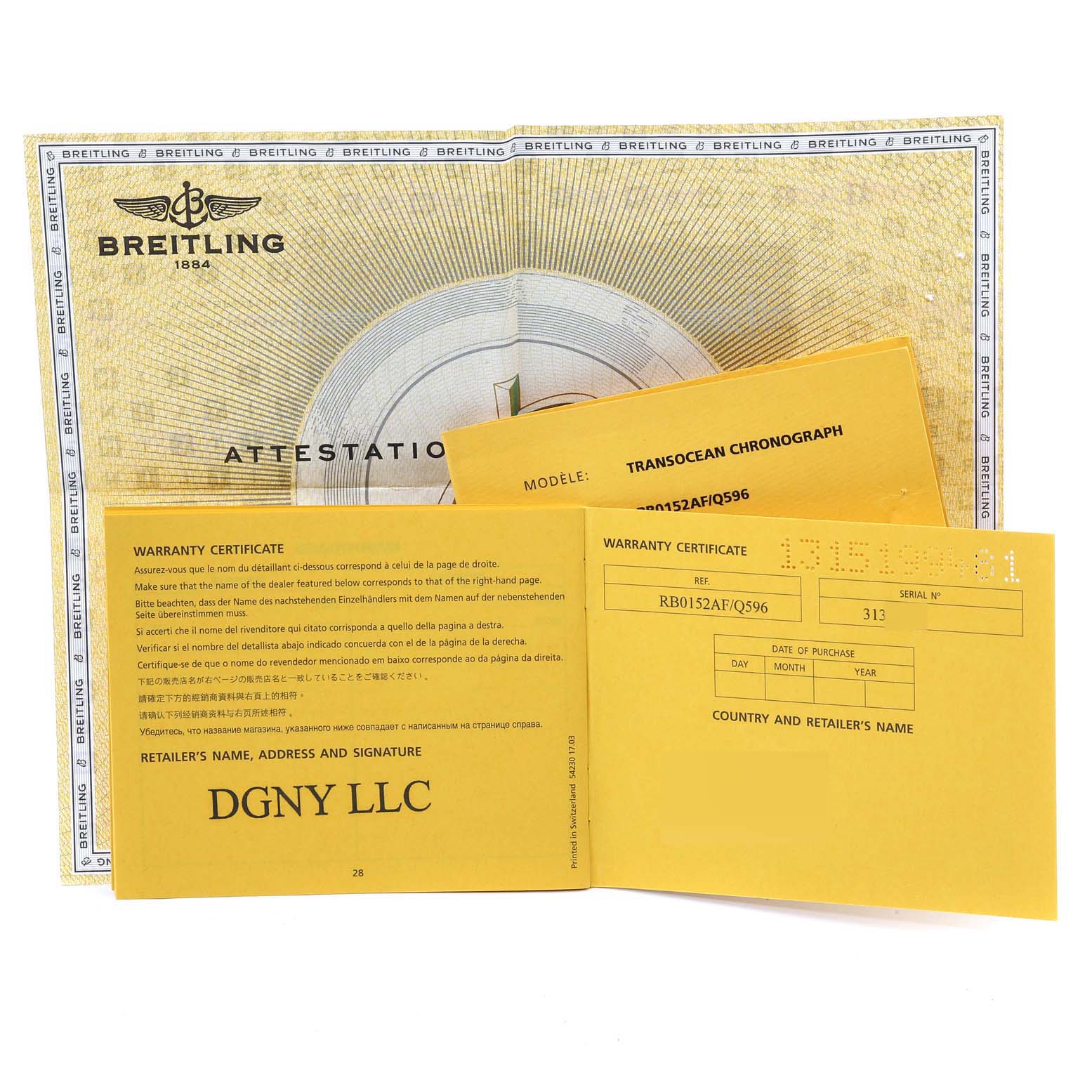 The image shows warranty certificates for a Breitling Transocean RB0152 Men's Rose Gold Brown Dial RB0152 Men's Rose Gold Brown Dial watch, along with attestation papers.