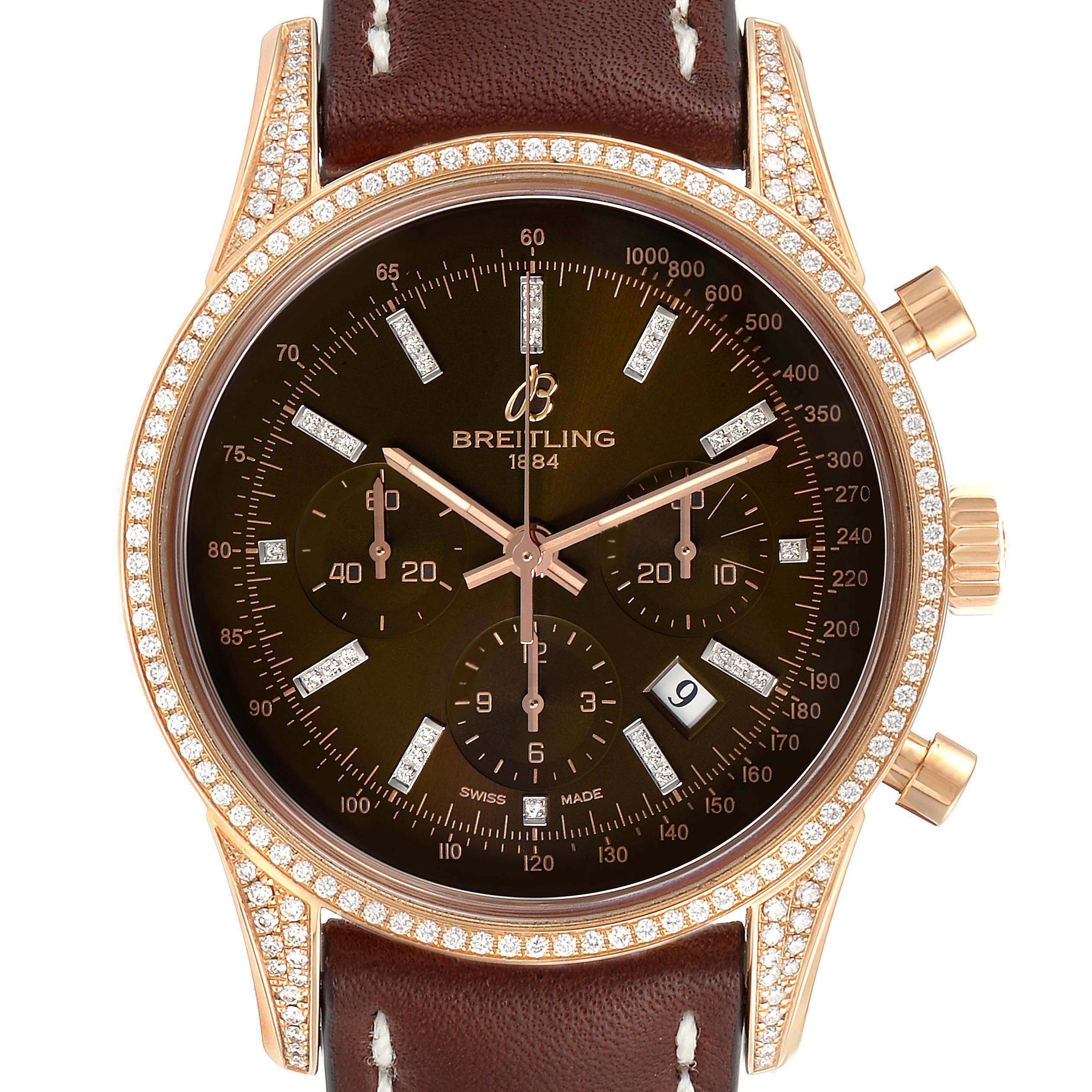 The image shows a close-up front view of the Breitling Transocean RB0152 Men's Rose Gold Brown Dial RB0152 Men's Rose Gold Brown Dial watch, highlighting its brown dial, diamond-studded bezel, and brown leather strap.