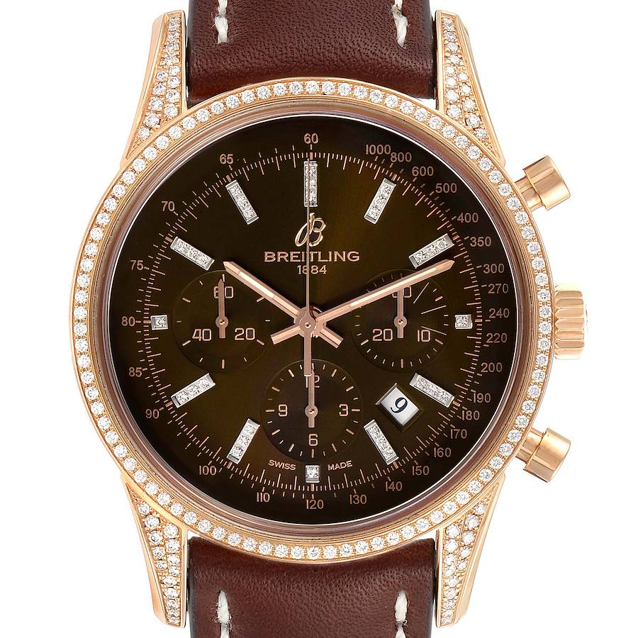 Breitling Transocean Brown Dial Rose Gold Diamond Mens Watch RB0152 Box Papers Unworn SwissWatchExpo
