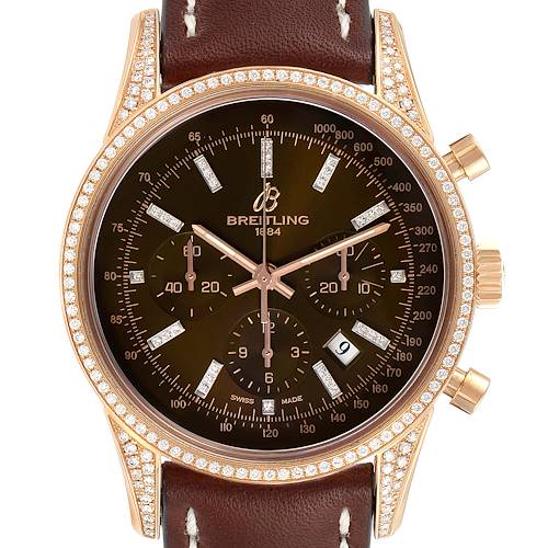 Photo of Breitling Transocean Brown Dial Rose Gold Diamond Mens Watch RB0152 Box Papers Unworn