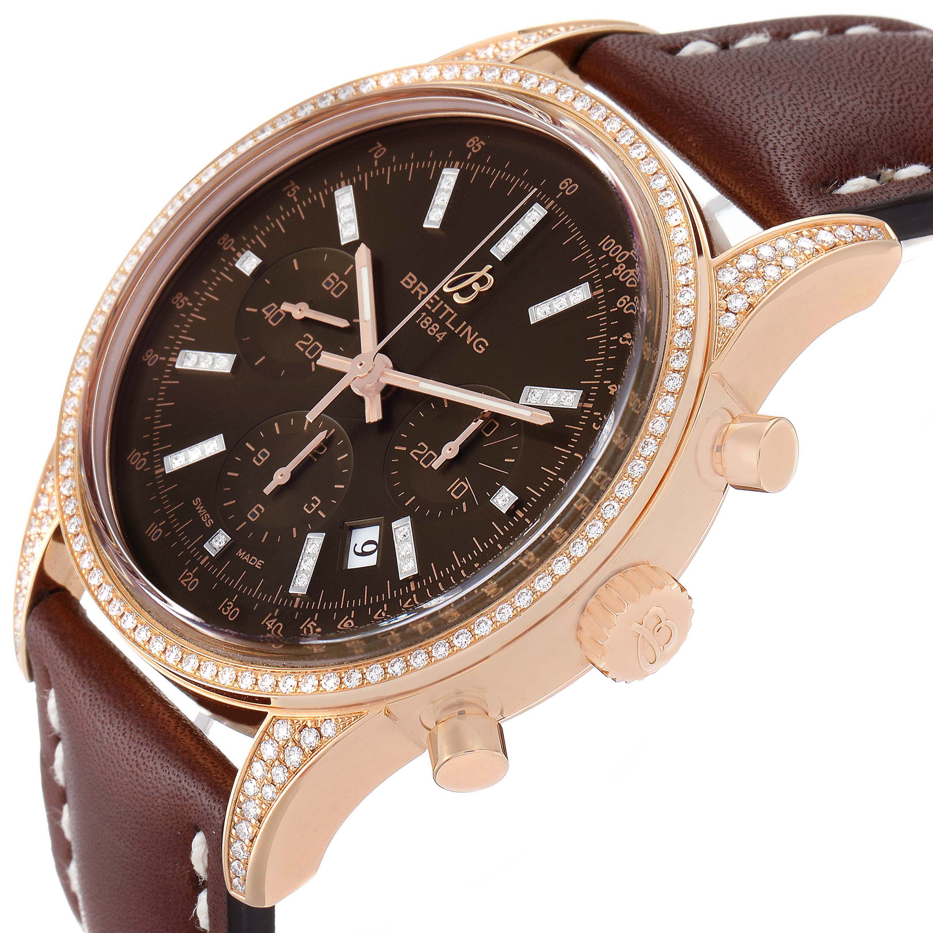 This image shows a close-up angle of the Breitling Transocean RB0152 Men's Rose Gold Brown Dial RB0152 Men's Rose Gold Brown Dial watch, highlighting the dial, bezel, crown, and part of the leather strap.