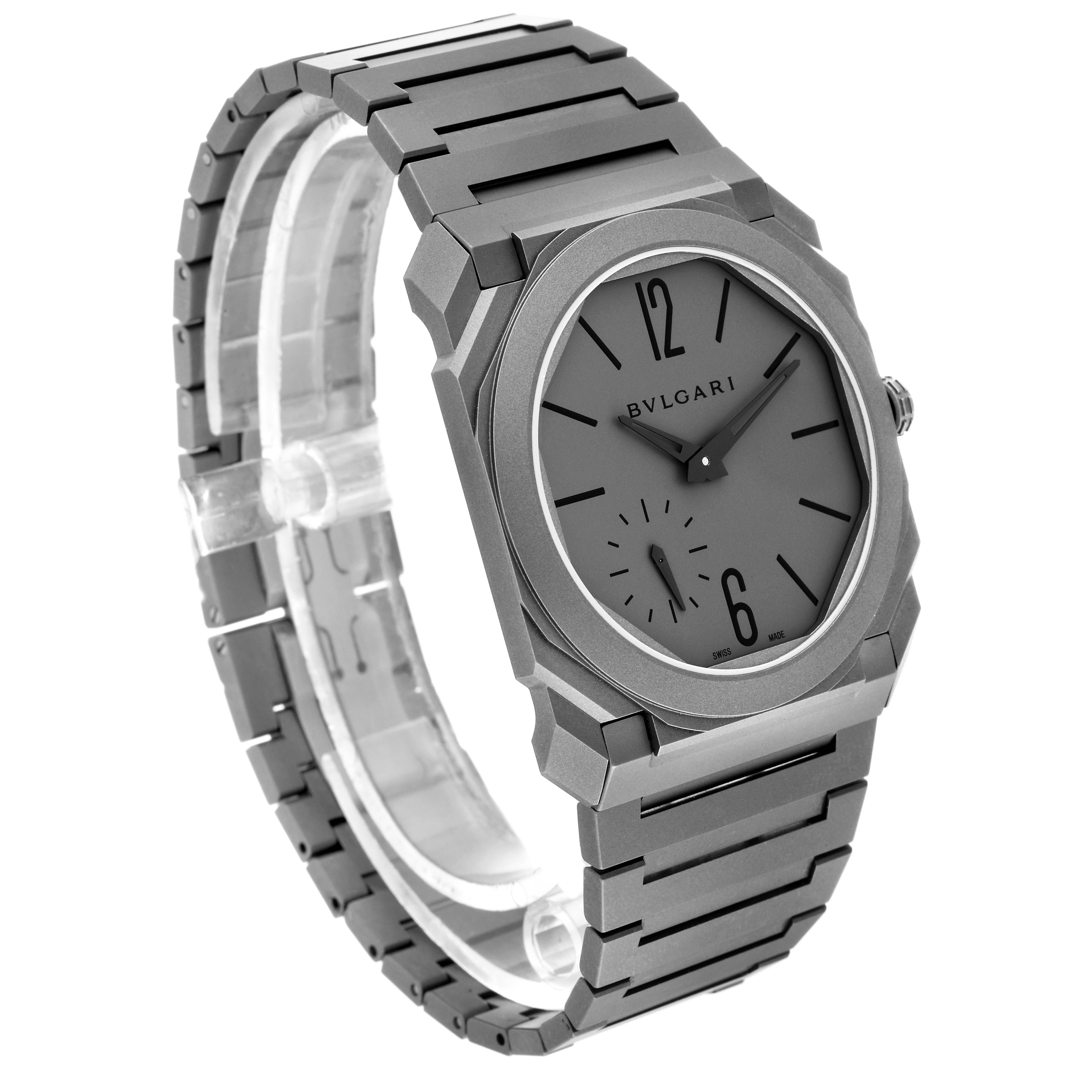 This image shows a Bvlgari Octo 102713 Men's Titanium Grey Dial 102713 Men's Titanium Grey Dial watch at a slight angle, highlighting the face, bezel, and part of the bracelet.