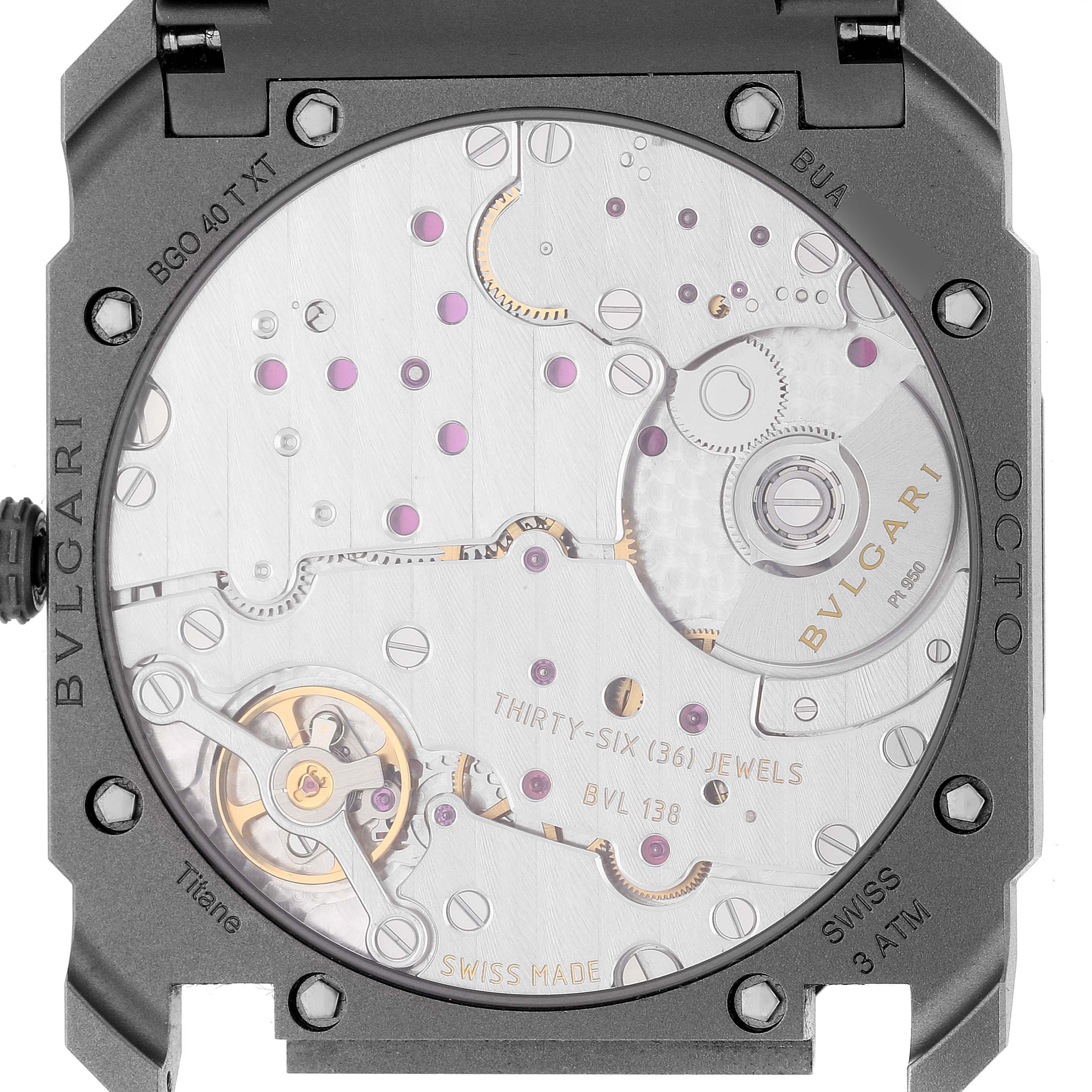 This image shows the back case of the Bvlgari Octo 102713 Men's Titanium Grey Dial 102713 Men's Titanium Grey Dial watch, highlighting its intricate mechanical movement and components.