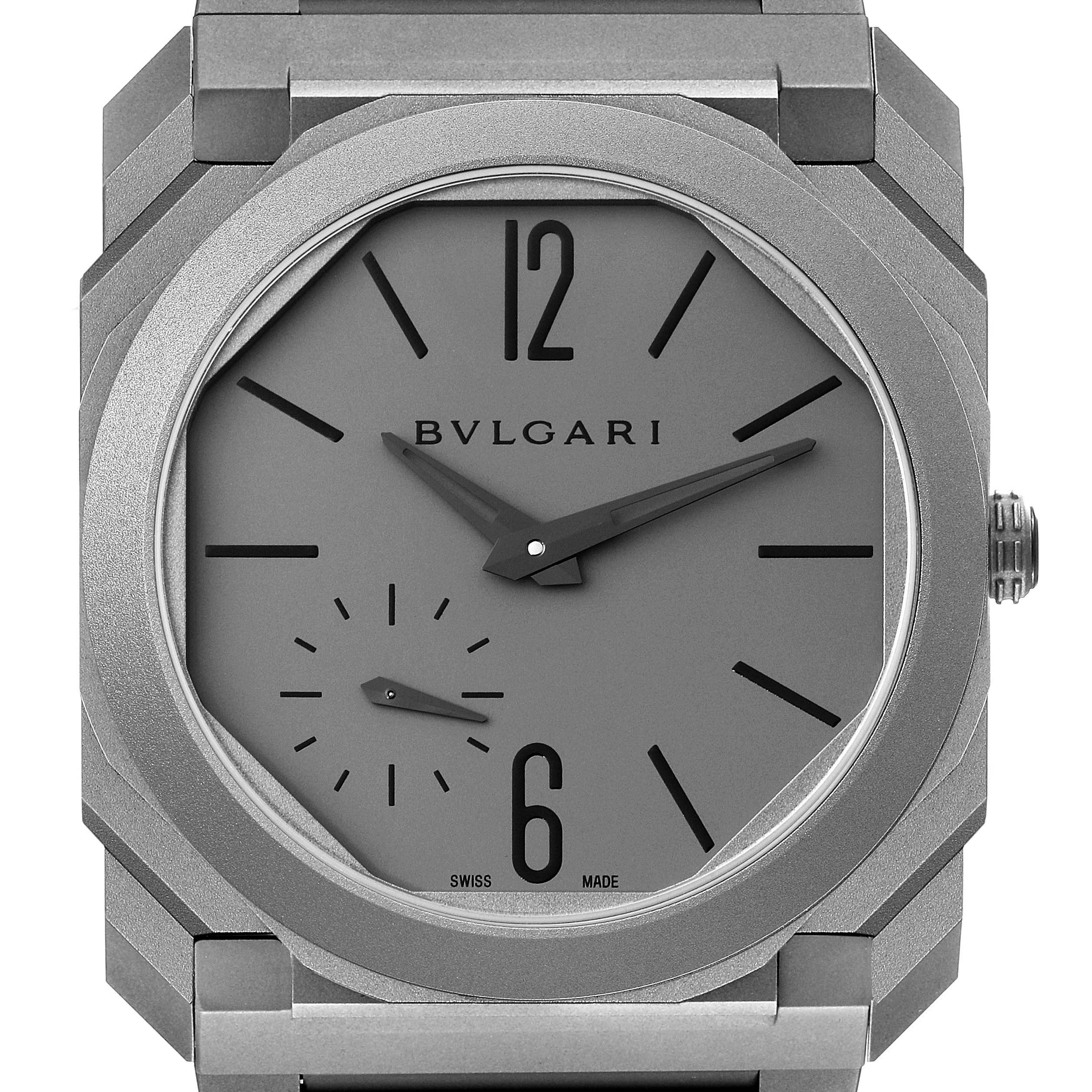 This image shows a close-up view of the dial and bezel of a Bvlgari Octo 102713 Men's Titanium Grey Dial 102713 Men's Titanium Grey Dial model watch.