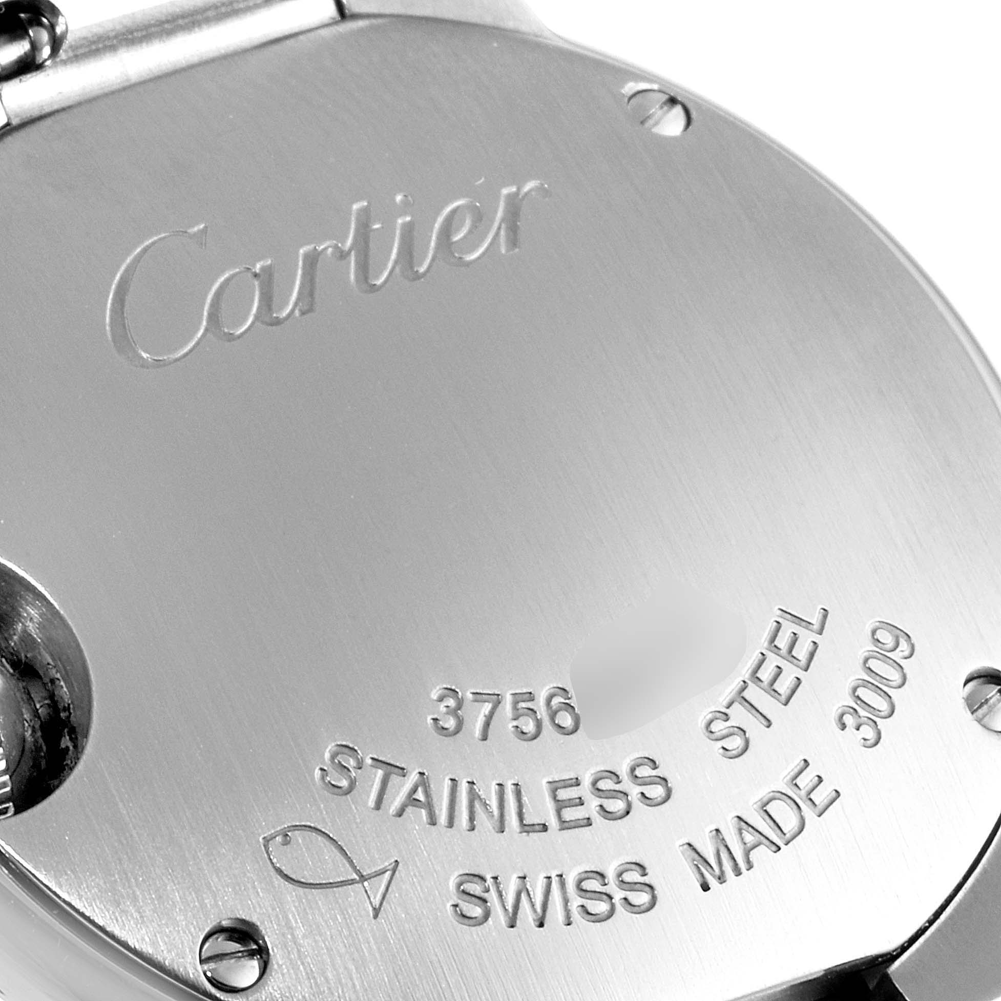 This image shows the back case of a Ballon Bleu watch by Cartier, highlighting the brand name and material.