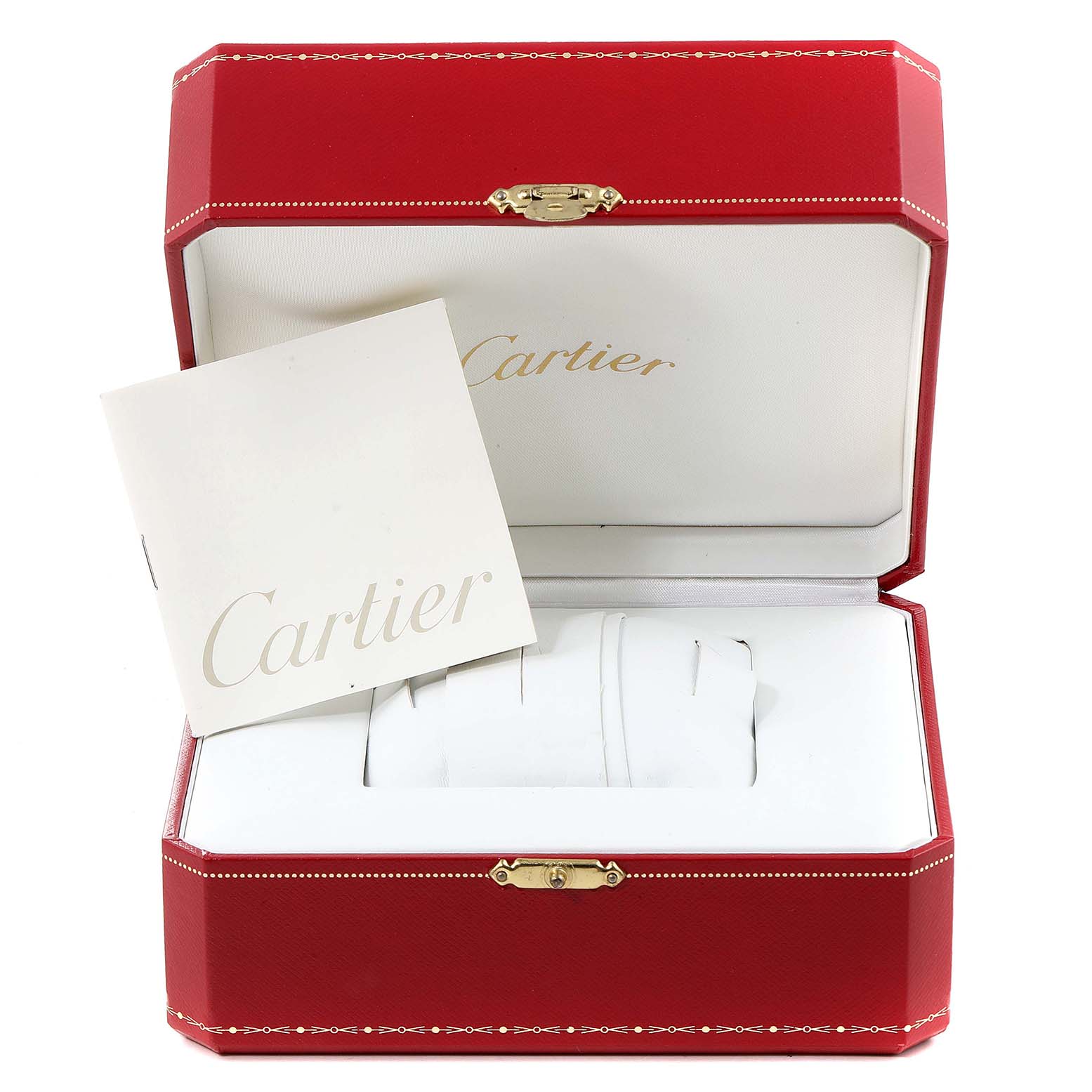 The image shows an open Cartier Ballon Bleu W6920038 Women
s Stainless Steel Pink Dial W6920038 Women
s Stainless Steel Pink Dial watch box with a white Cartier booklet inside.