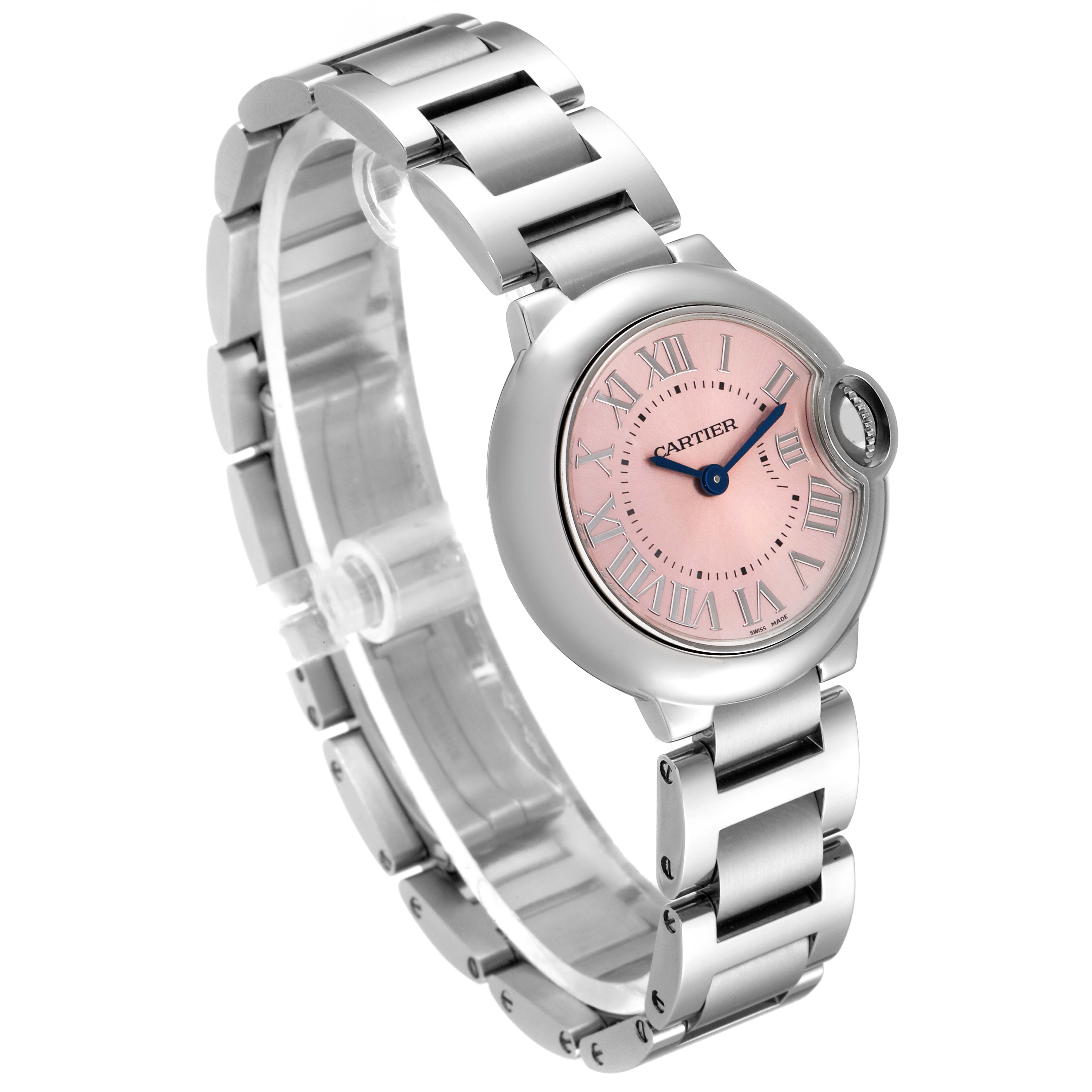 The image shows a Cartier Ballon Bleu W6920038 Women
s Stainless Steel Pink Dial W6920038 Women
s Stainless Steel Pink Dial watch at an angle emphasizing the bracelet, dial, and crown.