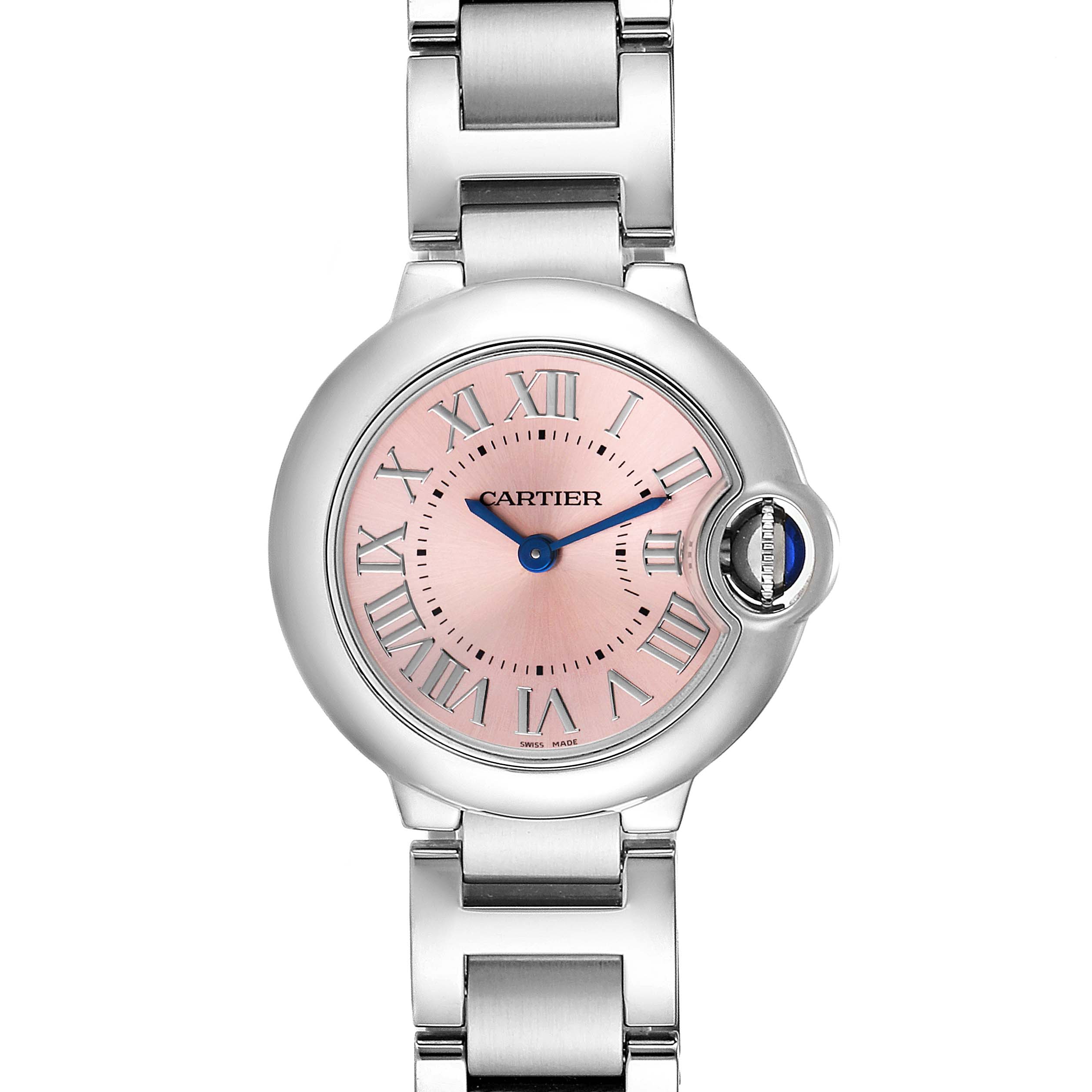 This image shows a front view of the Cartier Ballon Bleu W6920038 Women
s Stainless Steel Pink Dial W6920038 Women
s Stainless Steel Pink Dial watch, highlighting the face, bezel, and bracelet.