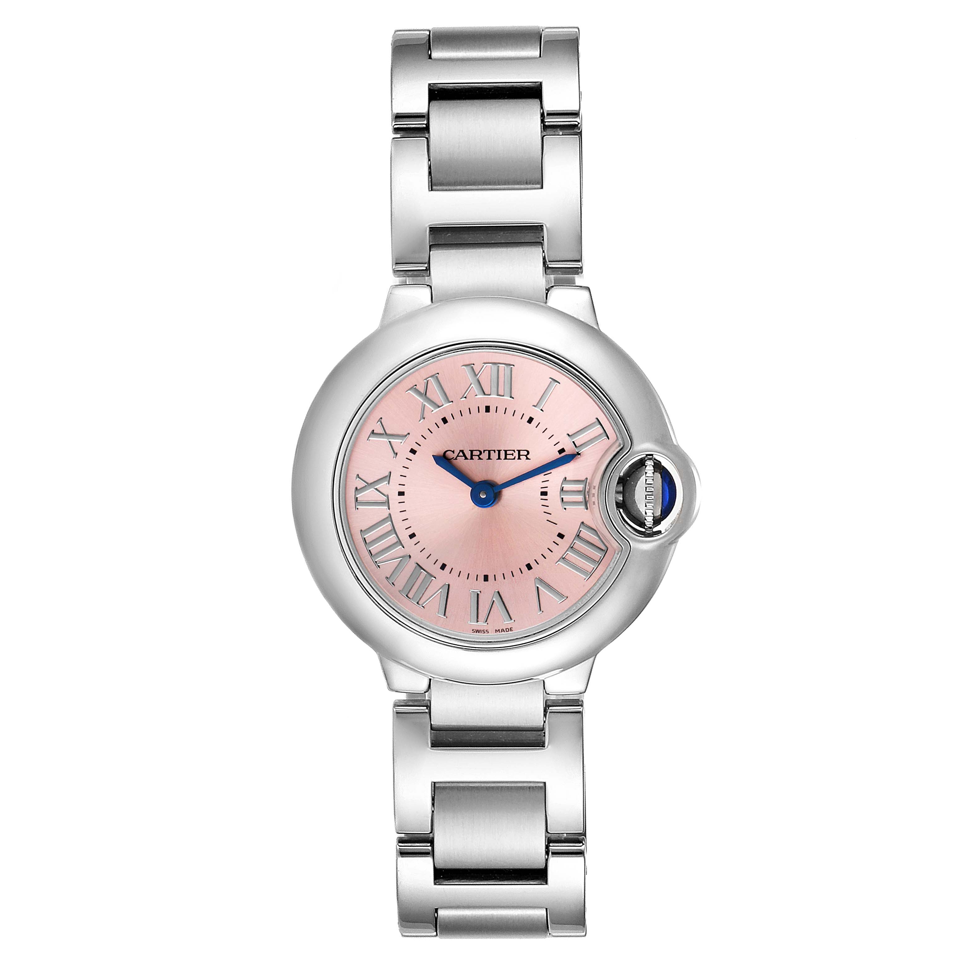 The image shows a front view of a Cartier Ballon Bleu W6920038 Women
s Stainless Steel Pink Dial W6920038 Women
s Stainless Steel Pink Dial watch, highlighting its face, hands, and bracelet.