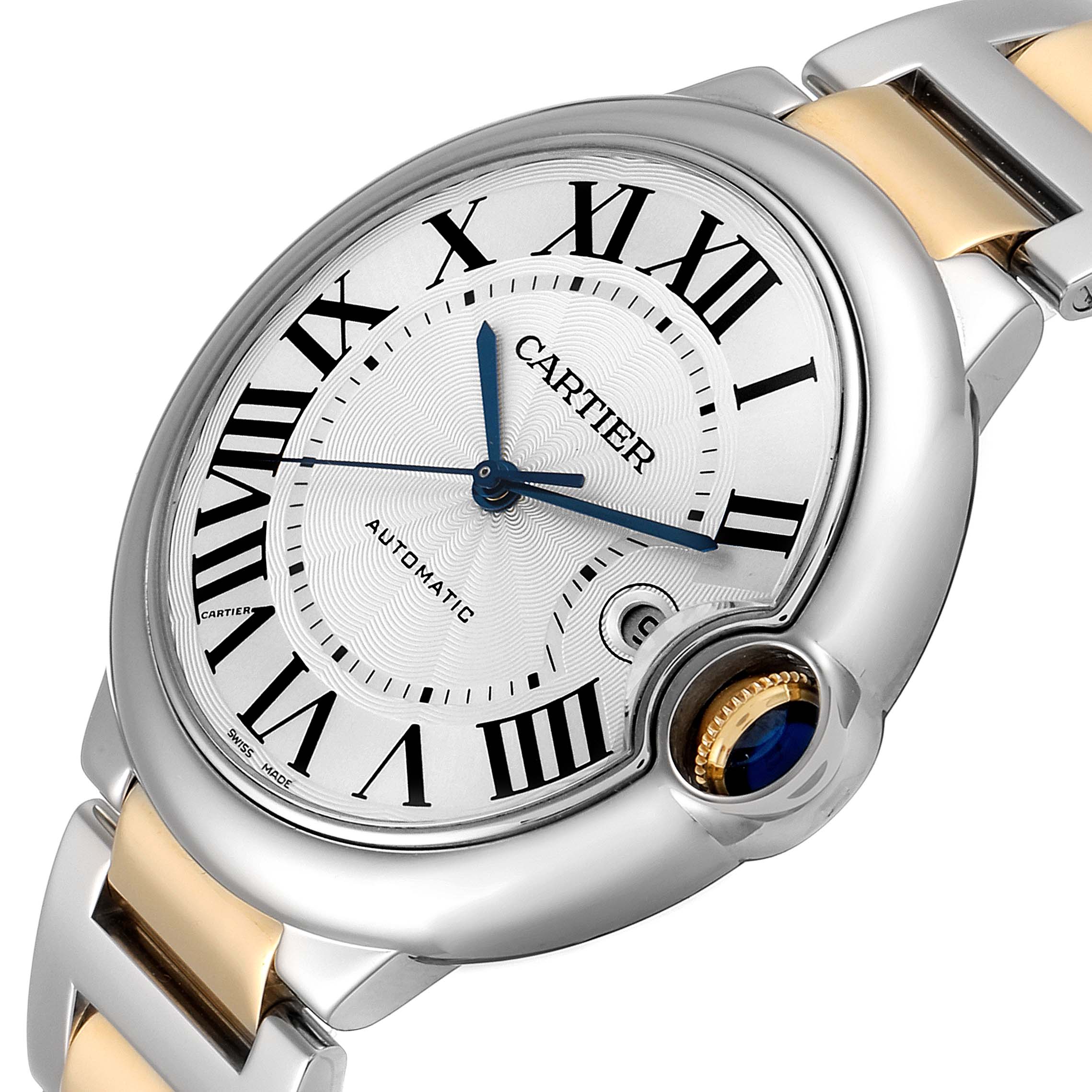 This image showcases a close-up of the Cartier Ballon Bleu W69009Z3 Men's Steel and Gold (two tone) Silver Dial W69009Z3 Men's Steel and Gold (two tone) Silver Dial watch face and part of its bracelet.