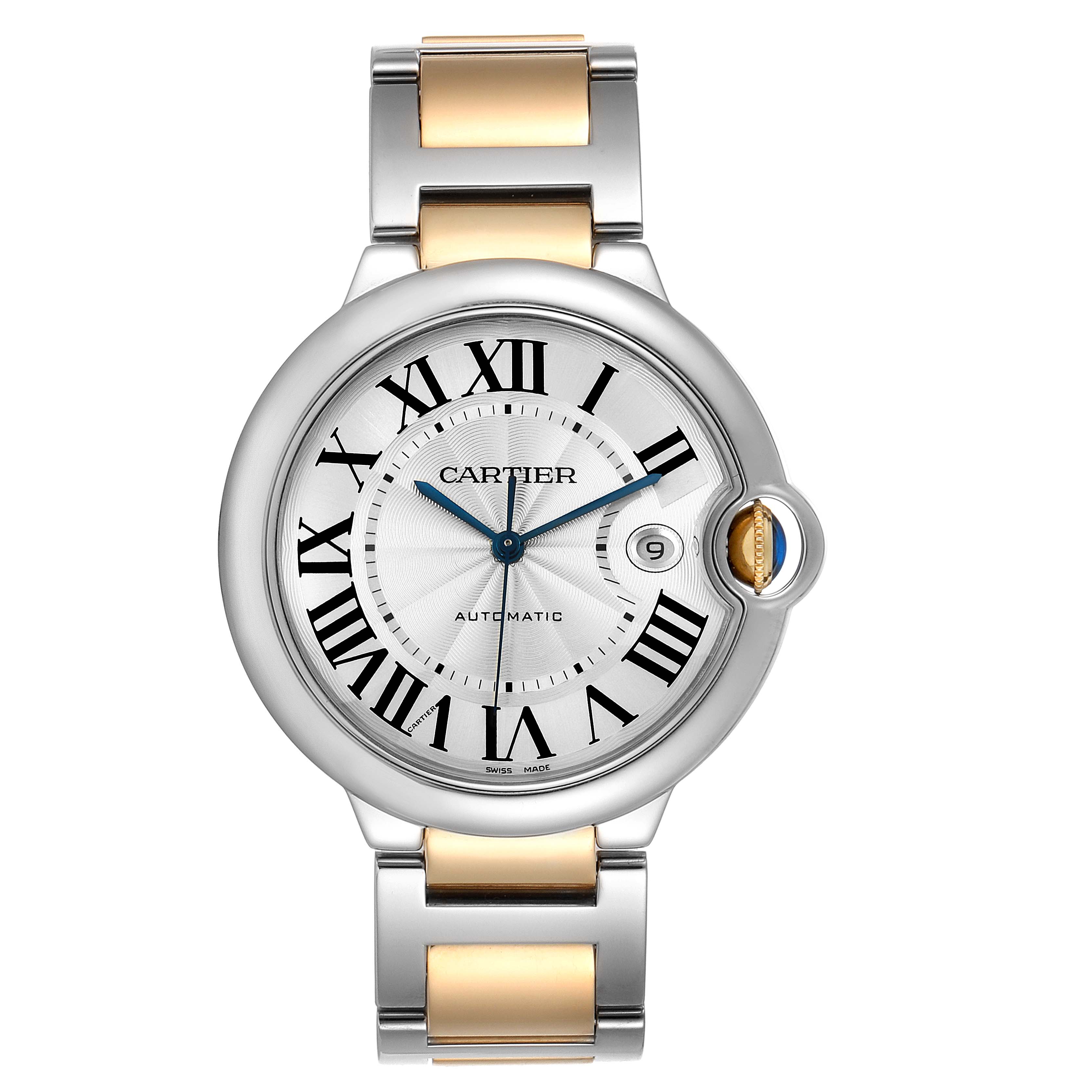 This Cartier Ballon Bleu W69009Z3 Men's Steel and Gold (two tone) Silver Dial W69009Z3 Men's Steel and Gold (two tone) Silver Dial watch is shown from a front angle, highlighting its dial, hands, bracelet, and Roman numeral hour markers.