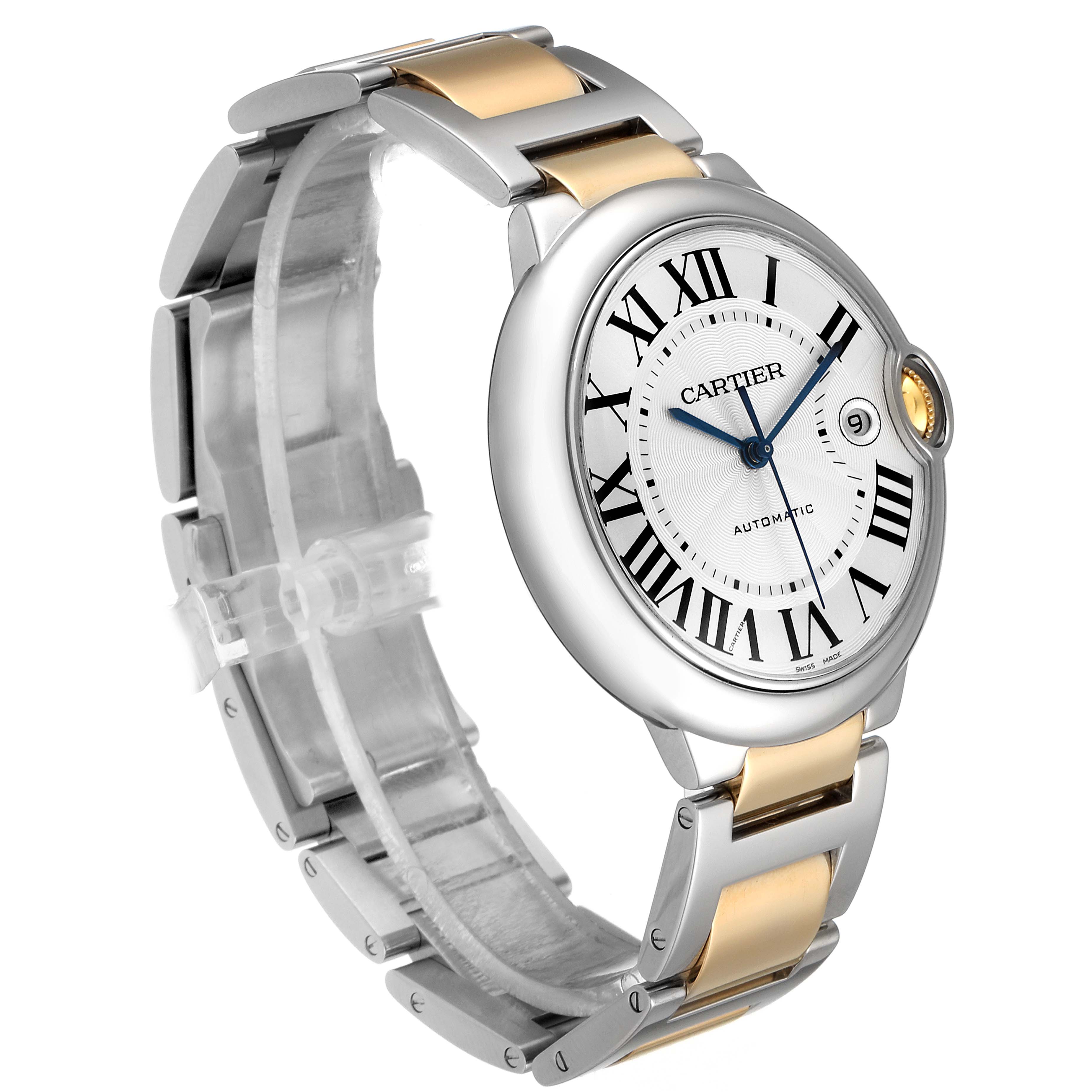 The Ballon Bleu model by Cartier is shown at an angle highlighting the face, crown, and two-tone bracelet.