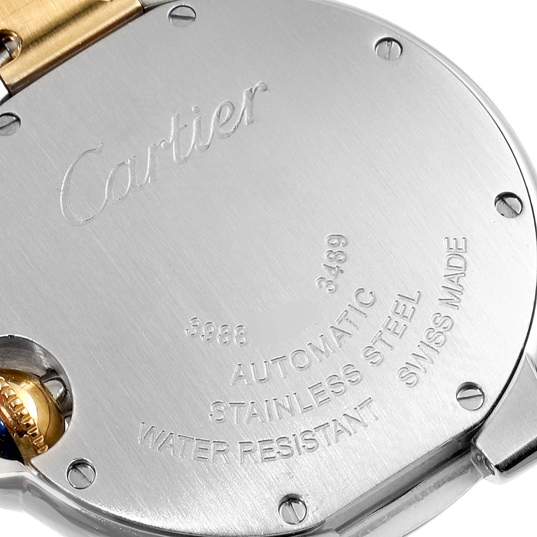 This image shows the back case of a Cartier Ballon Bleu W2BB0002 Women
s Steel and Gold (two tone) Silver Dial W2BB0002 Women
s Steel and Gold (two tone) Silver Dial watch, highlighting engravings about material and specifications.